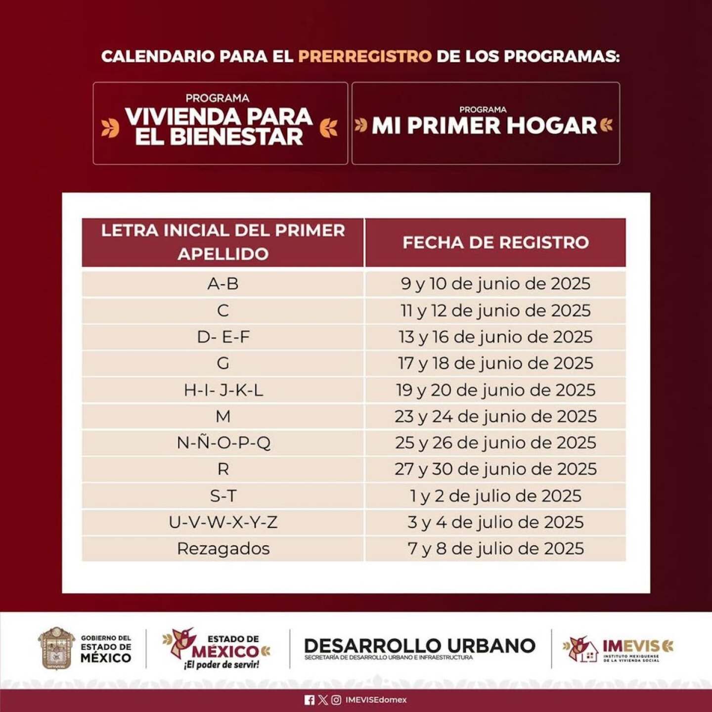 calendario de registro Mi Primer Hogar