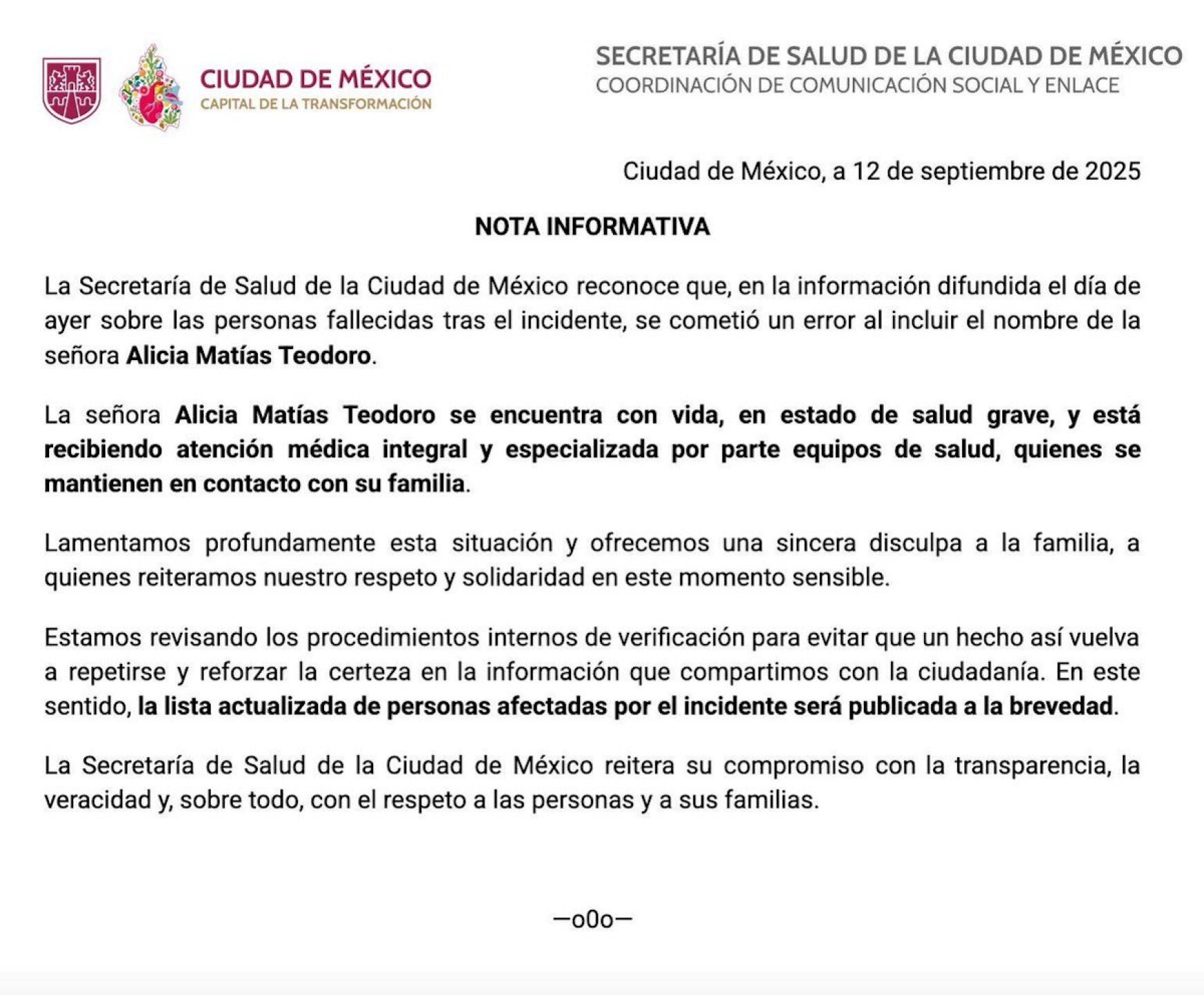 comunicado de la Secretaría de Salud de la CDMX
