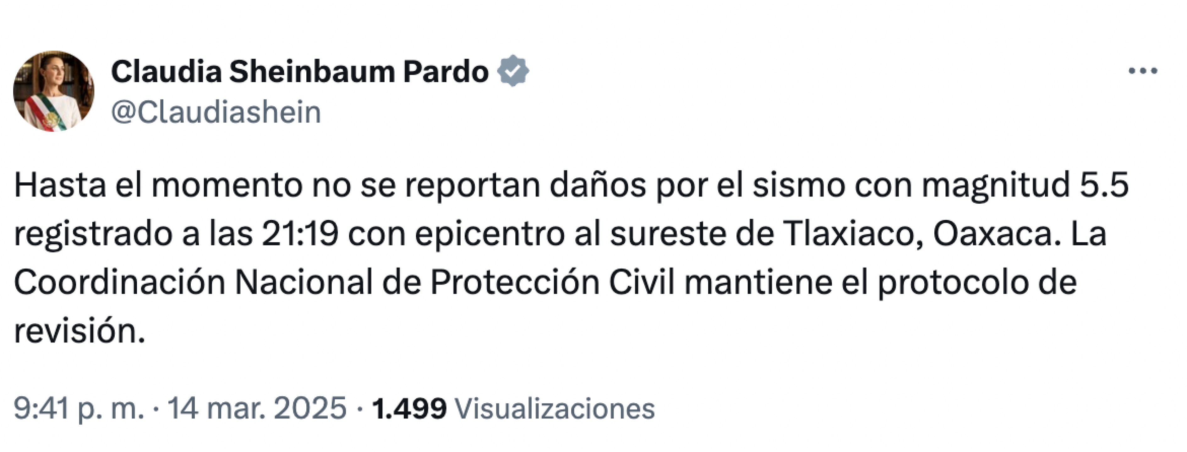 La presidenta Sheinbaum reportó que no se registran daños por el sismo de la noche del viernes