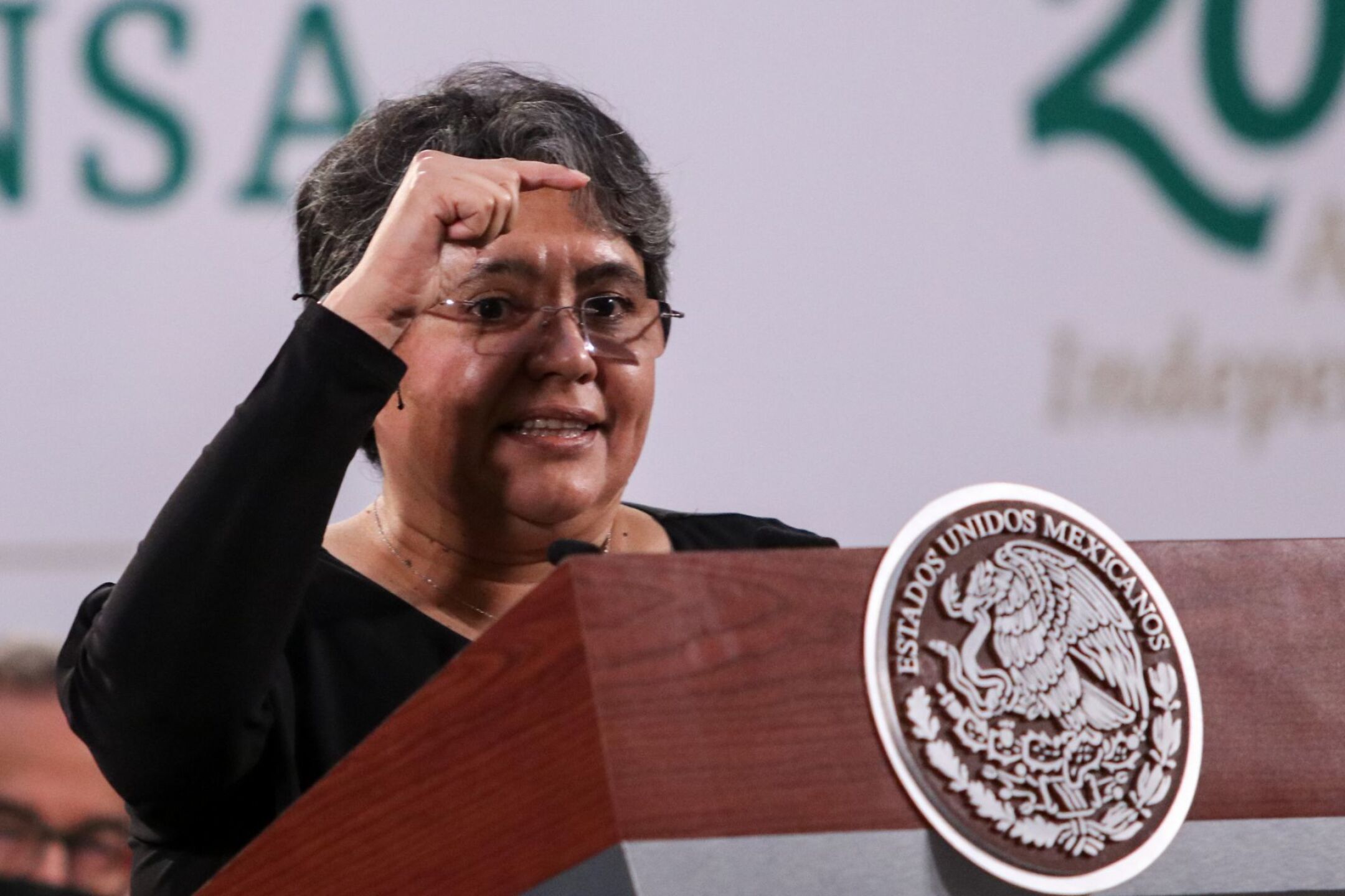 Raquel Buenrostro, jefa de Servicios de Administración Tributaria (SAT), durante la conferencia matutina.