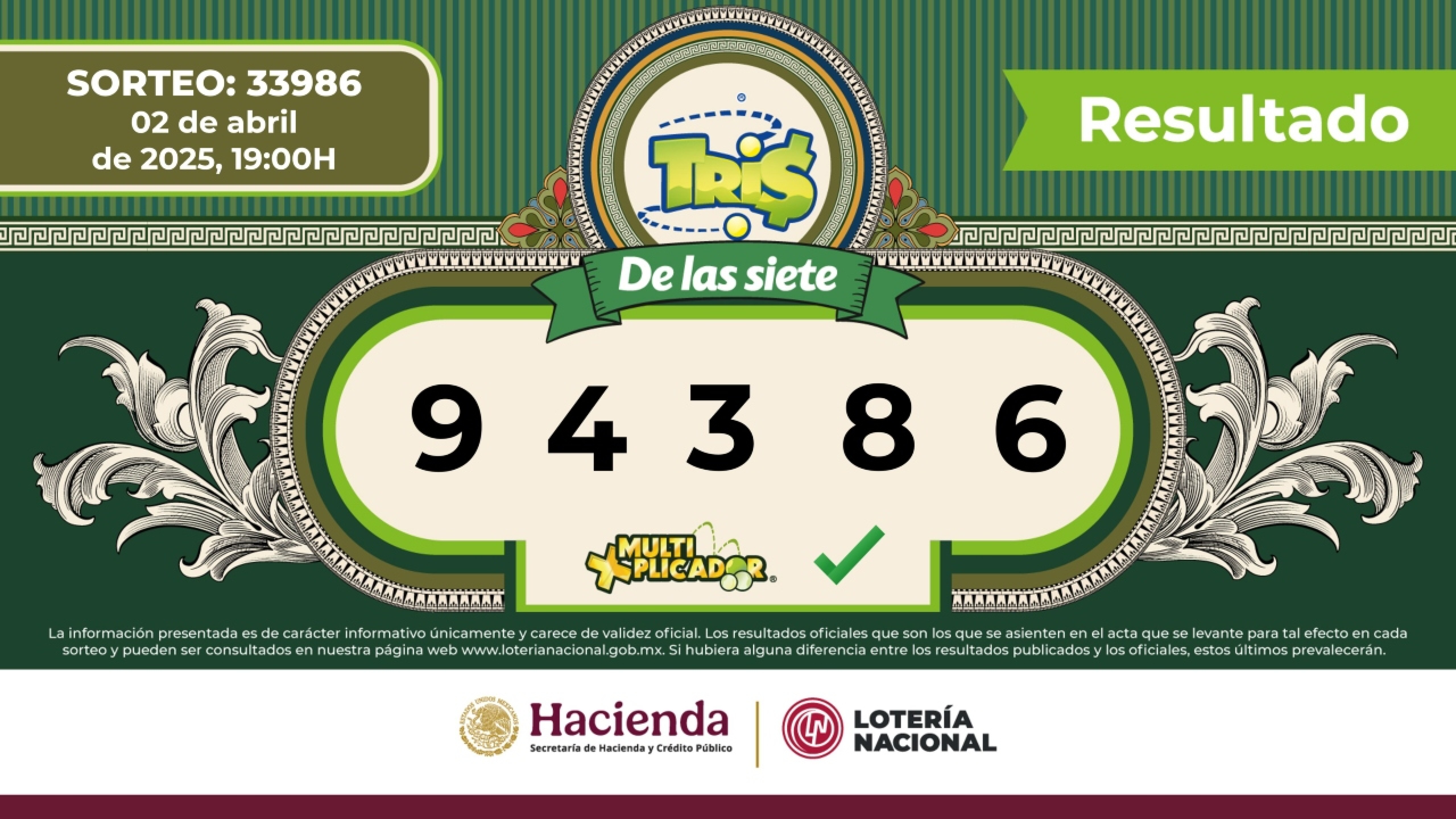 Sorteo Resultados Sorteo Tris: números ganadores de hoy 2 de abril de 2025