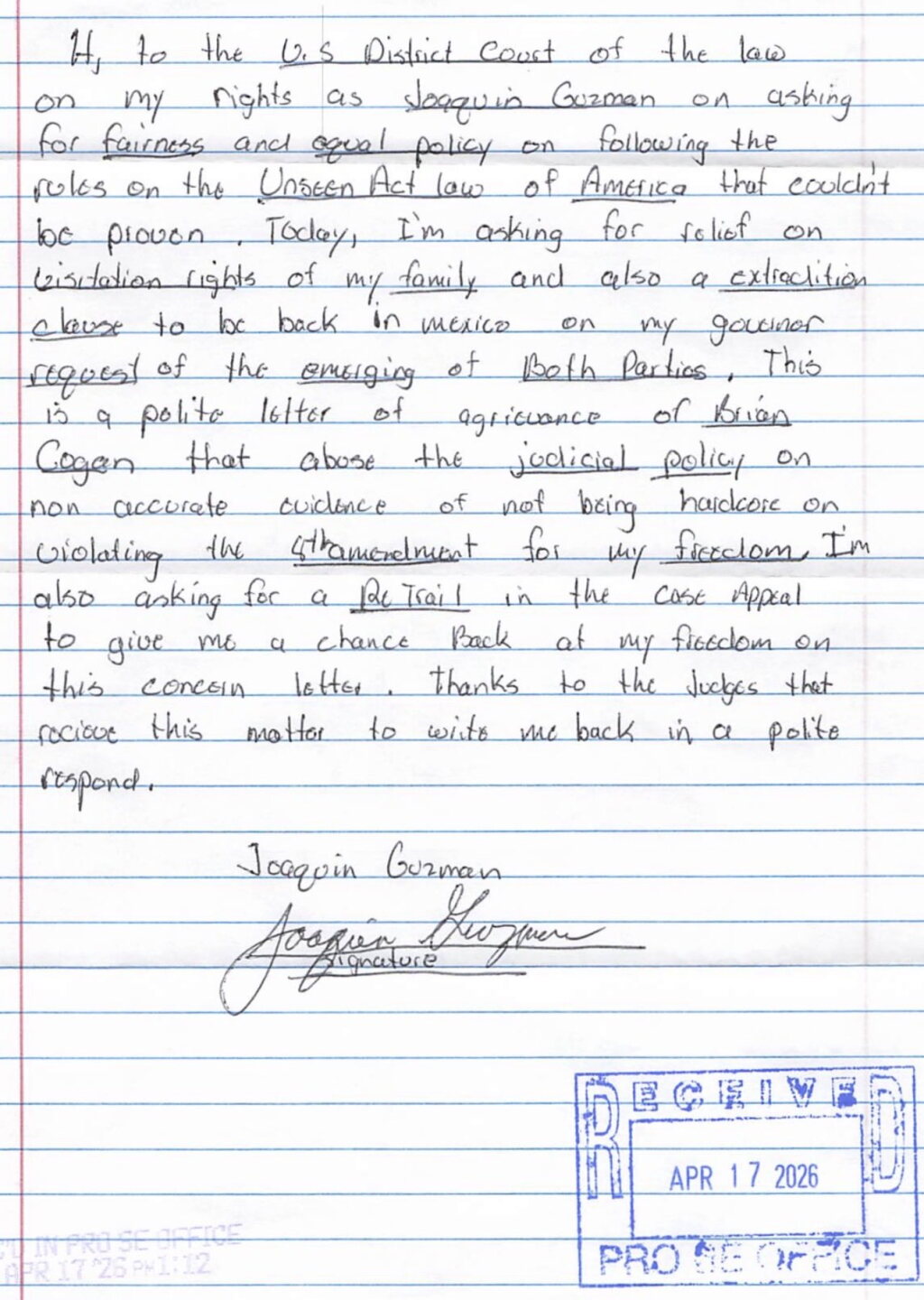“El Chapo” rompe el silencio y escribe en inglés al juez Brian Cogan ¿Qué dice la nueva carta del exlíder del Cártel de Sinaloa?