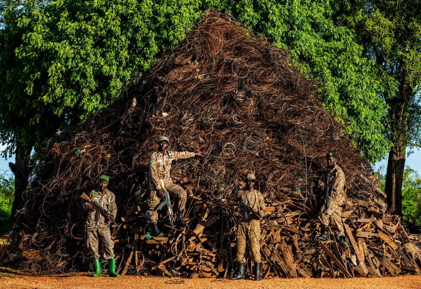 guardabosques construyen una montaña con las trampas encontradas en un parque de uganda