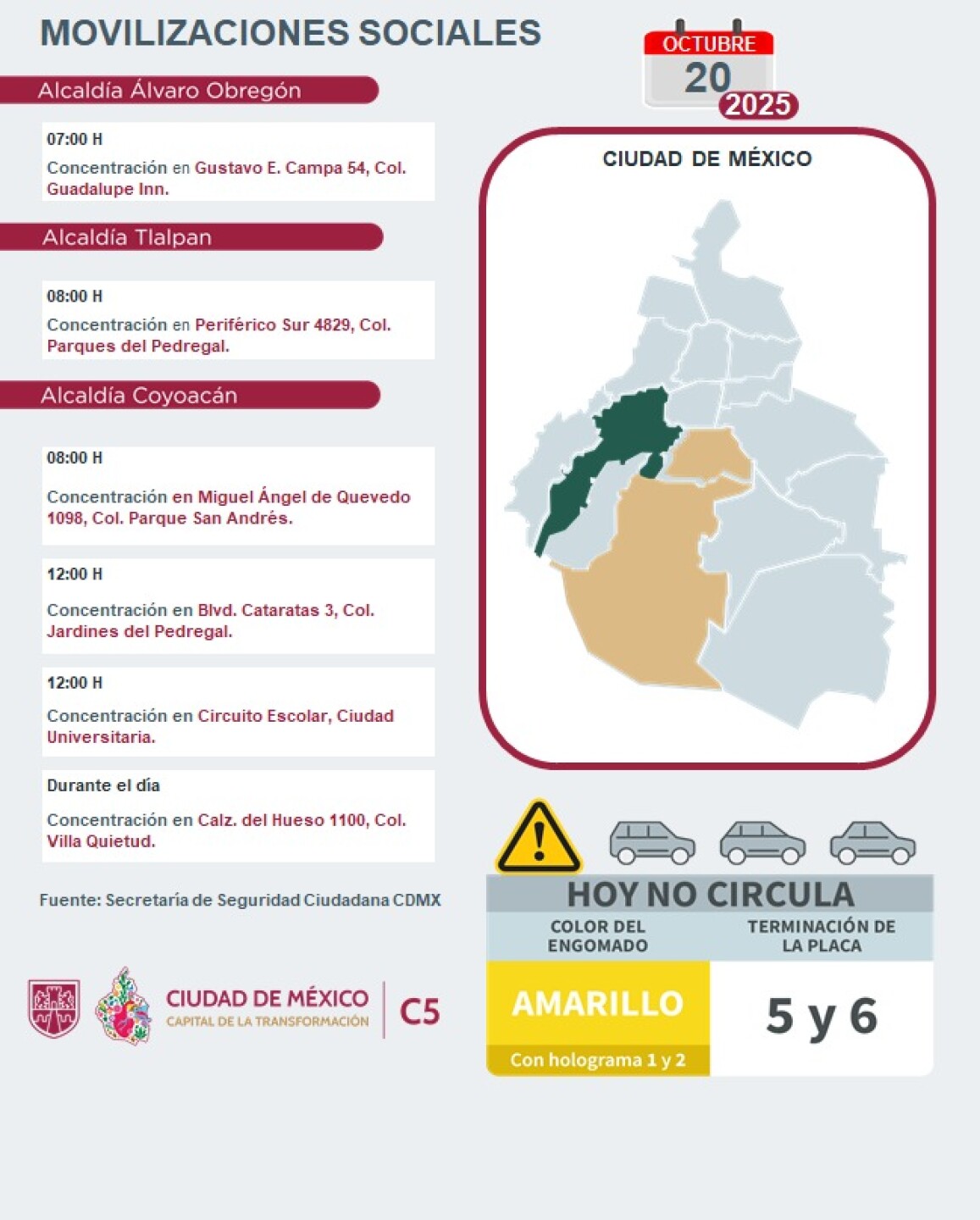 Mapa de marchas y manifestaciones en la CDMX hoy 20 de octubre.jpeg