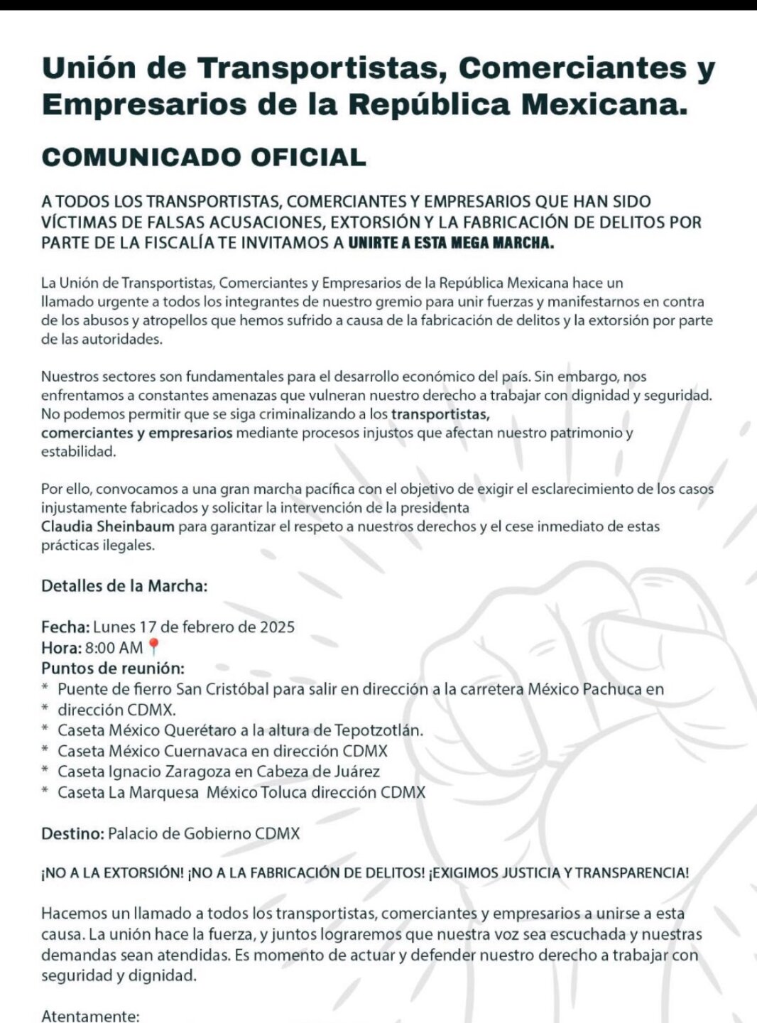 Comunicado Unión de Transportistas, Comerciantes y Empresarios de la República Mexicana