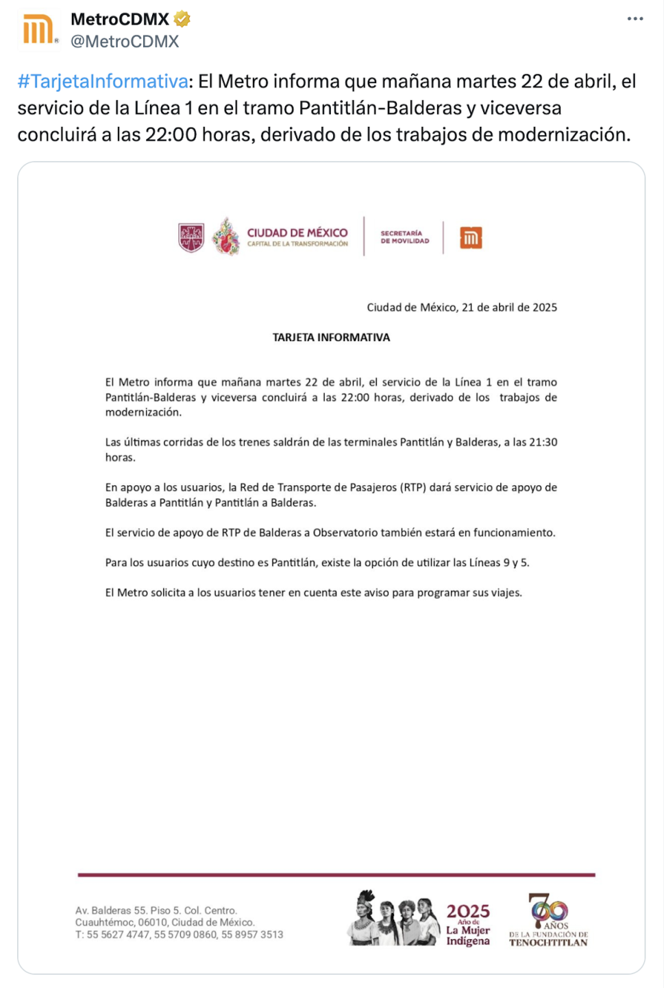 Línea 1 del Metro de la CDMX.