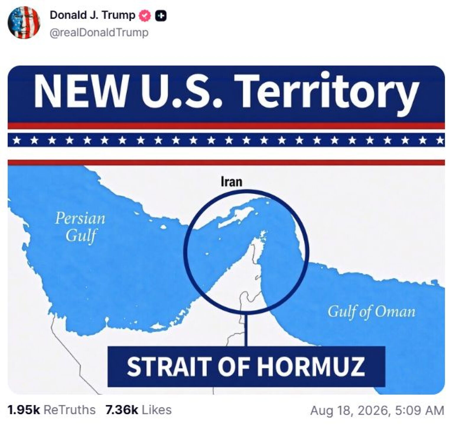 Trump publica mapa del estrecho de Ormuz como “NUEVO territorio estadounidense” y aumenta la tensión con Irán