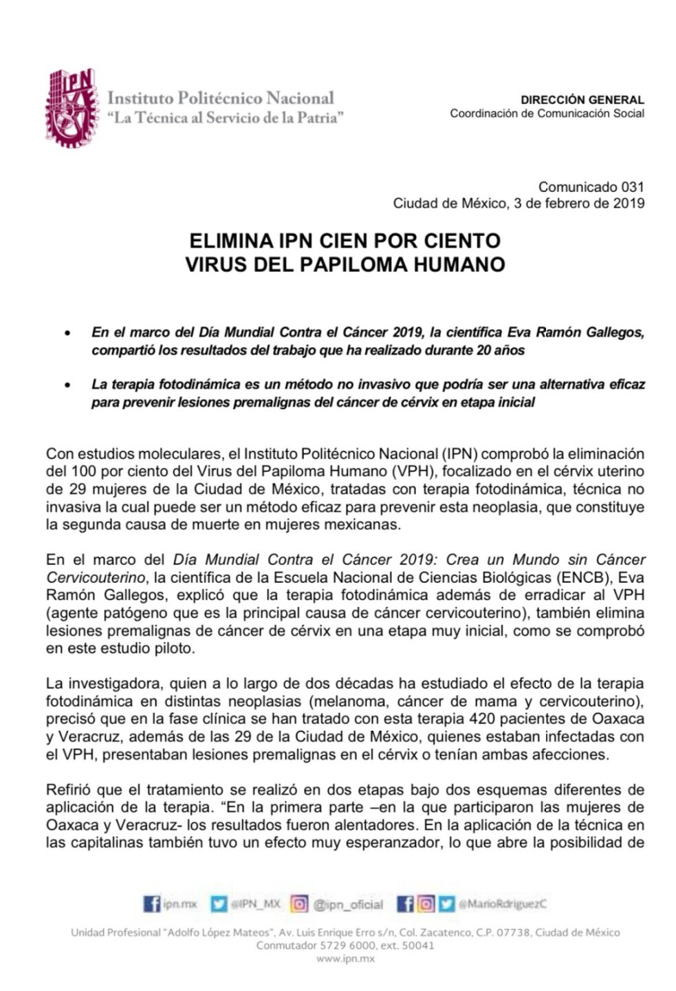 Boletín del IPN: "Elimina IPN cien por cientos Virus del Papiloma Humano"