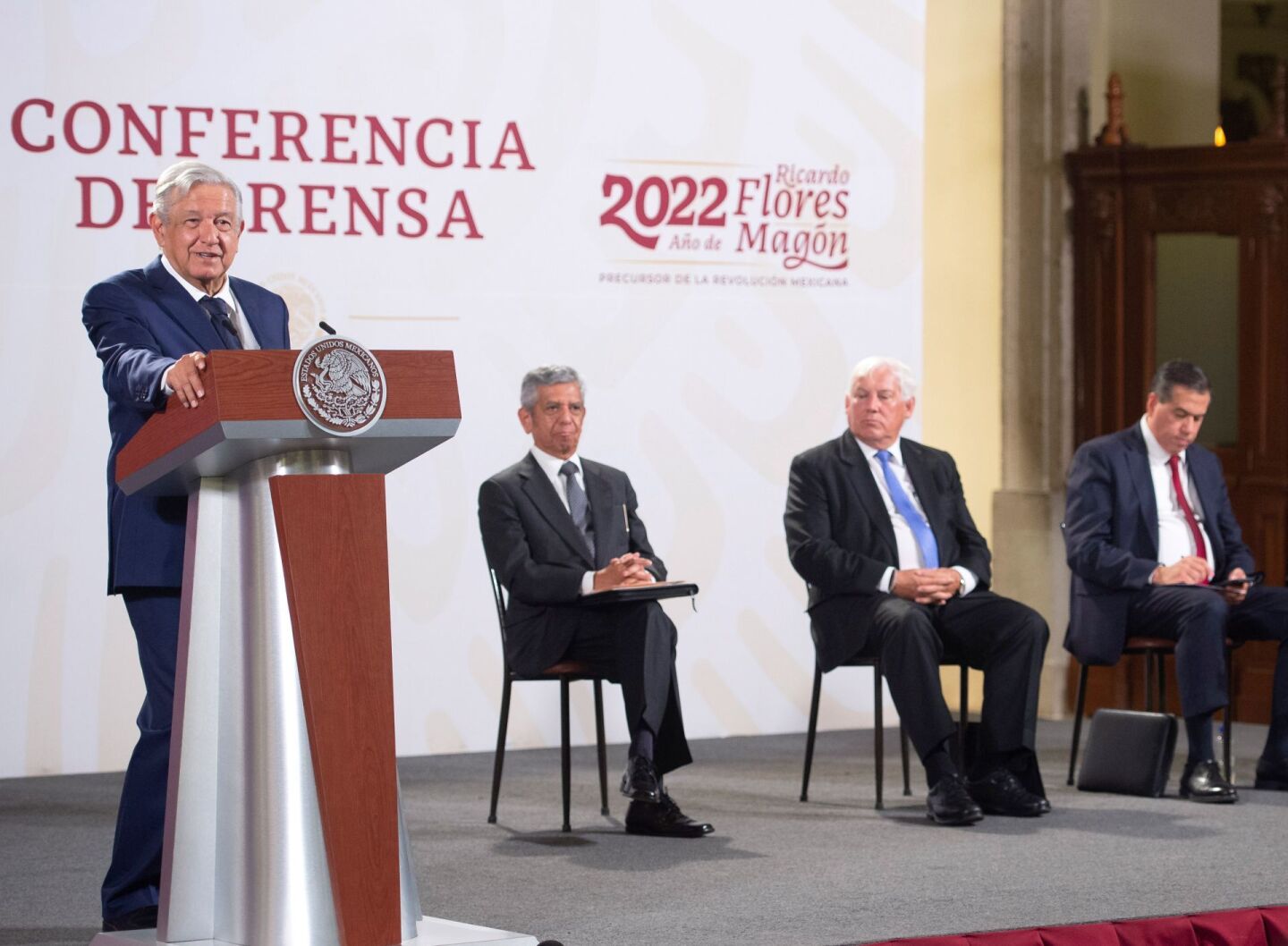 Andrés Manuel López Obrador, Roberto Salcedo Aquino, Víctor Manuel Villalobos y Ricardo Mejía Berdeja durante la conferencia matutino desde Palacio Nacional.