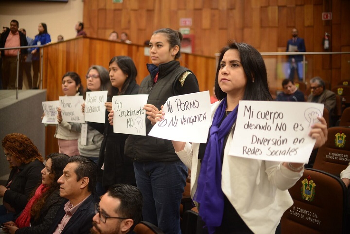 XALAPA, VERACRUZ, 17ENERO2019.- Un grupo de mujeres protesta en el pleno del estado pidiendo cese el ciberacoso y la violencia digital, exigieron se tipifique como delitos graves. FOTO: ALBERTO ROA /CUARTOSCURO.COM