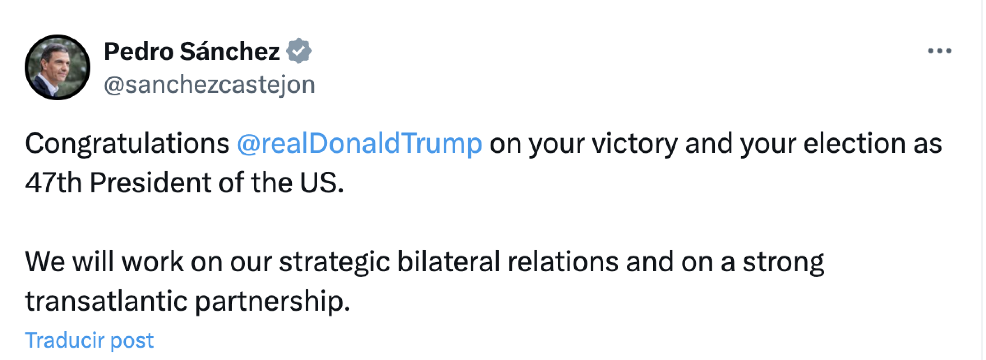 Pedro Sánchez felicita a Donald Trump