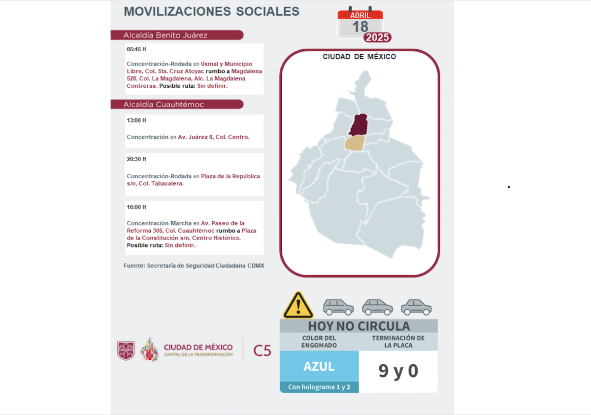 Agenda de movilizaciones del 18 de abril de 2025.
