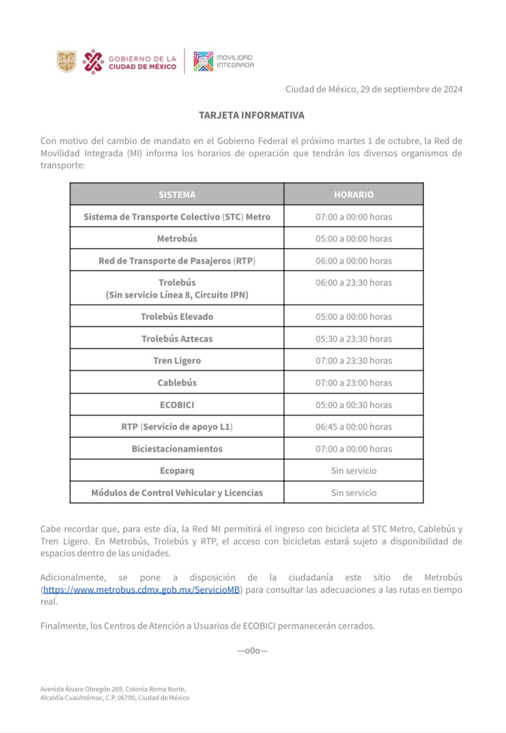 Horarios transporte público 1 de octubre