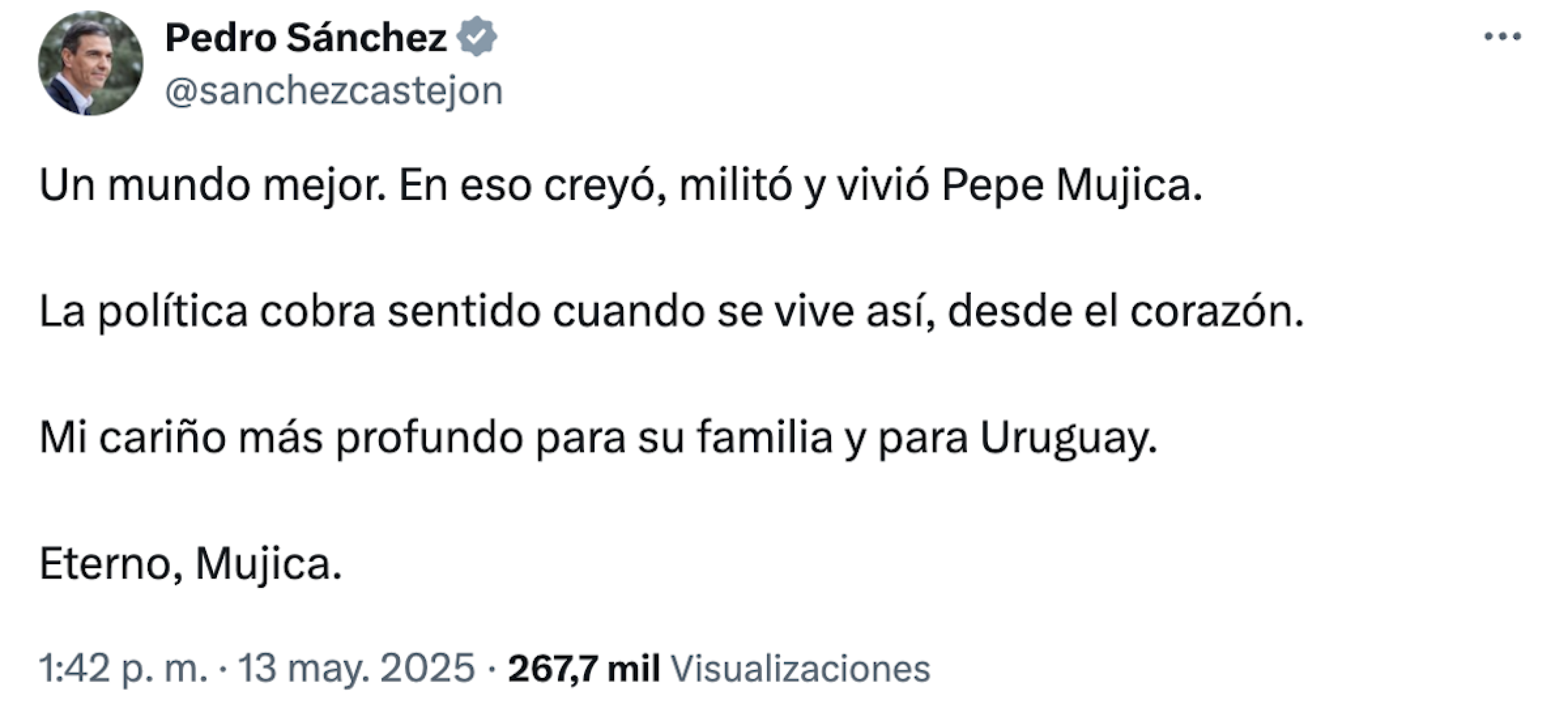 Mensaje de Pedro Sánchez por la muerte de Mujica.