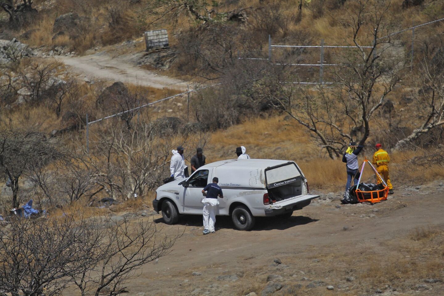 Personal de la Fiscalía General del Estado y de otras dependencias, trabajan durante un operativo de búsqueda en la colonia Mirador Escondido, en Zapopan, Jalisco.