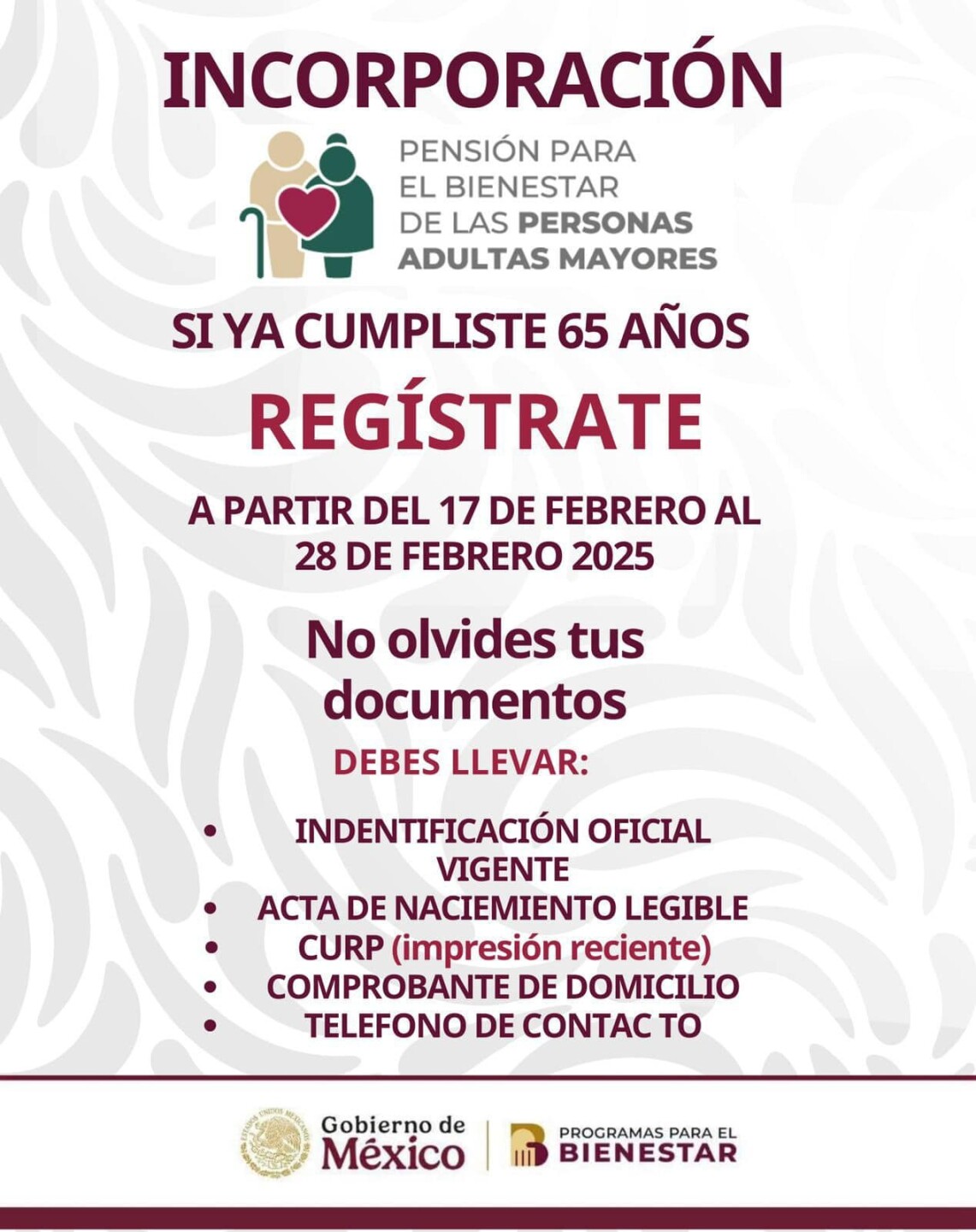 Requisitos para registro de Pensión Bienestar