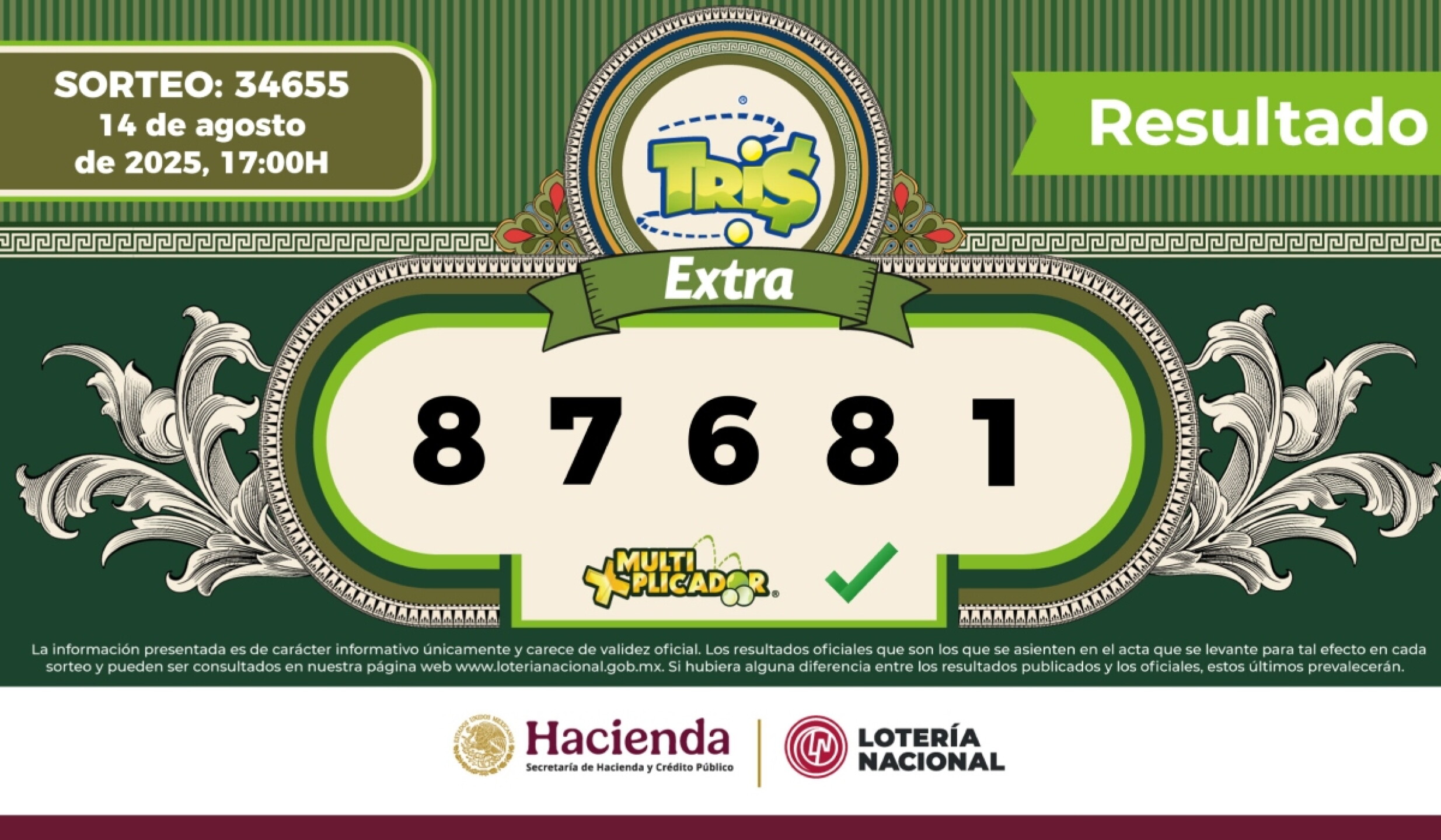 Sorteo Resultados Sorteo Tris: números ganadores de hoy jueves 14 de agosto de ...