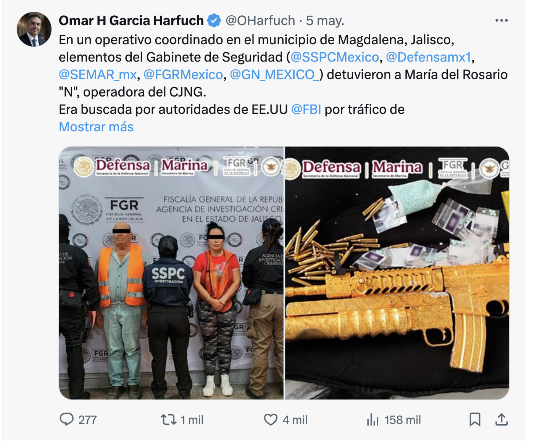 Publicación del secretario de Seguridad de México.