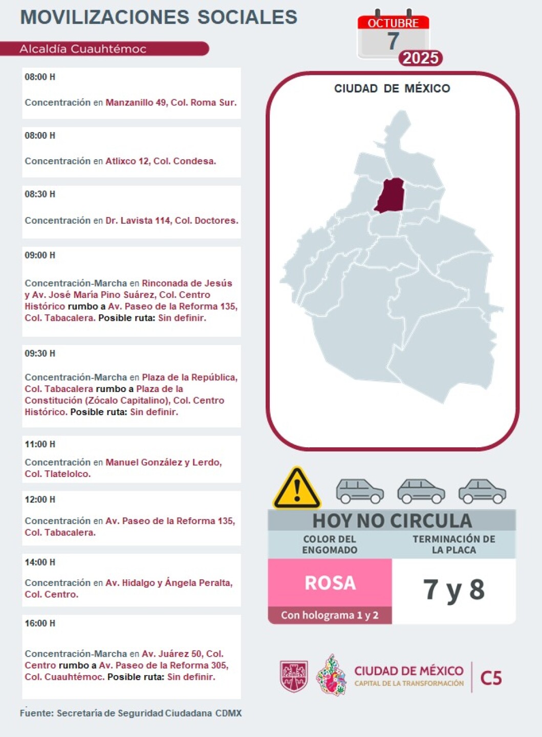 Mapa de marchas y manifestaciones en la CDMX hoy 7 de octubre.jpeg