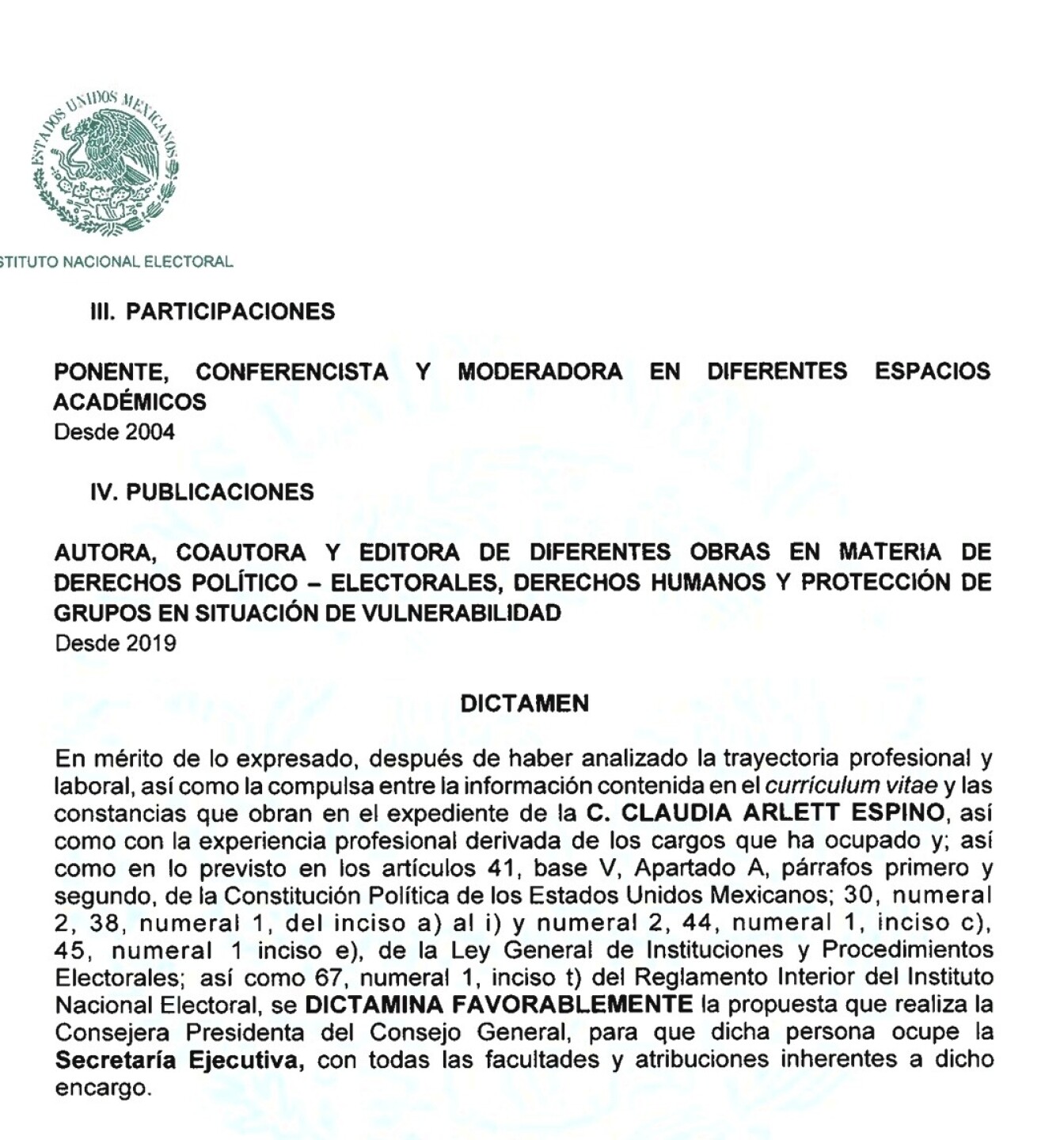 El Consejo General del INE votará la designación de Claudia Espino como secretaria ejecutiva