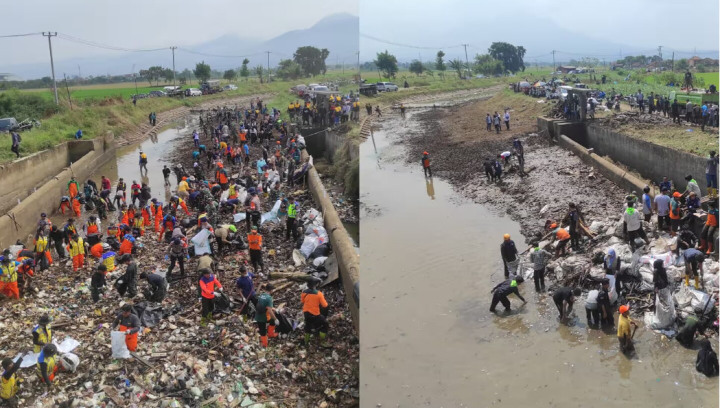 Cientos se unen al grupo indonesio de TikTok Pandawara en la limpieza de una presa en Bandung, Java Occidental, el 26 de julio. Fotografía: Ardila Syakriah/The Guardian
