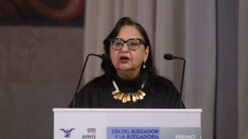 Norma Lucía Piña, Ministra Presidenta de la Suprema Corte de Justicia de la Nación (SCJN) y del Consejo de la Judicatura Federal (CJF), durante la ceremonia del Día del Juzgador y la Juzgadora Mexicanos, y la entrega de los premios AMIJ 2023.