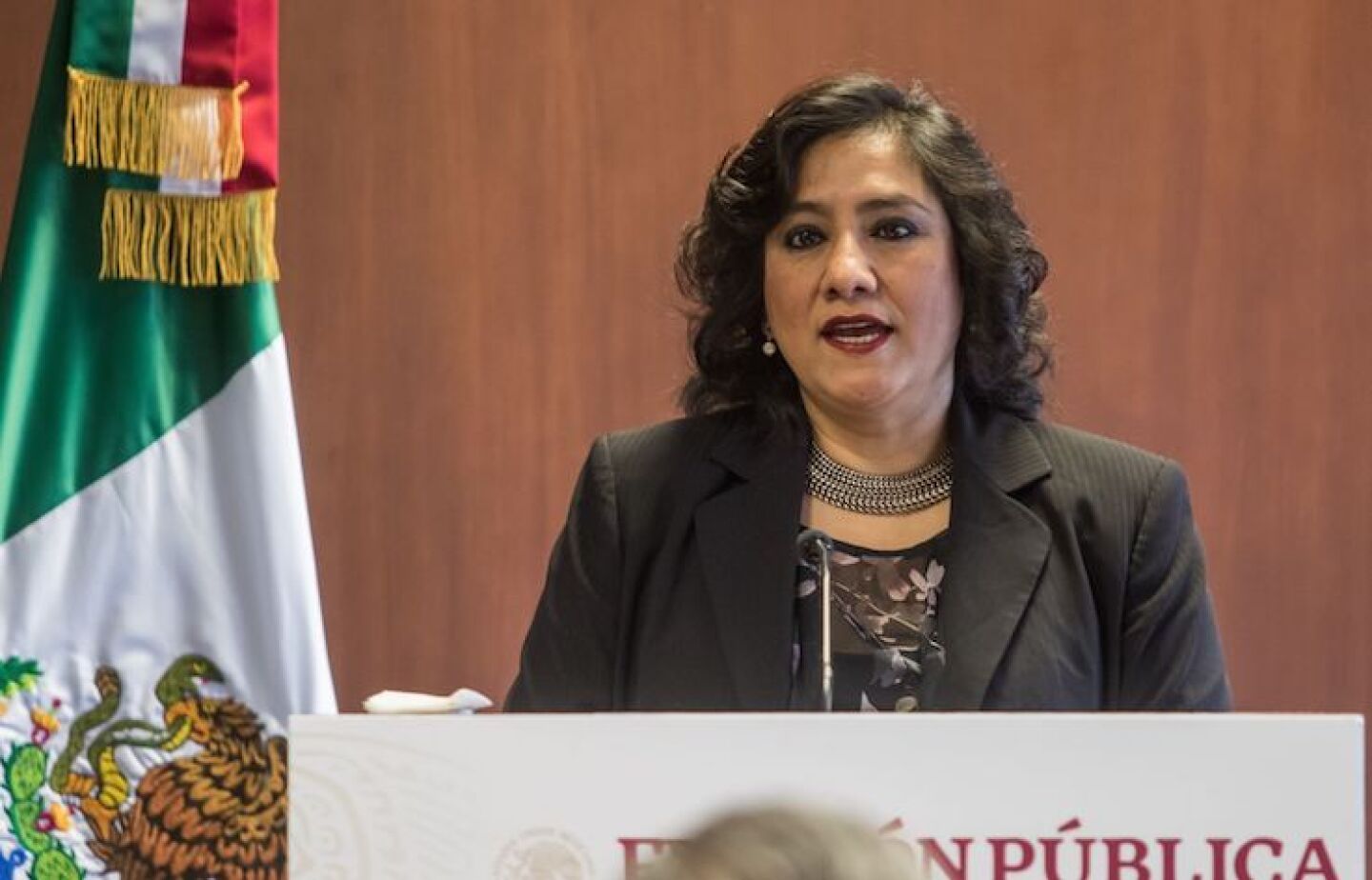 CIUDAD DE MÉXICO, 29AGOSTO2019.- Irma Eréndira Sandoval Ballesteros, titular de la Secretaría de la Función Pública, durante la firma de un convenio de colaboración entre la SFP y el INE. FOTO: ISAAC ESQUIVEL /CUARTOSCURO.COM