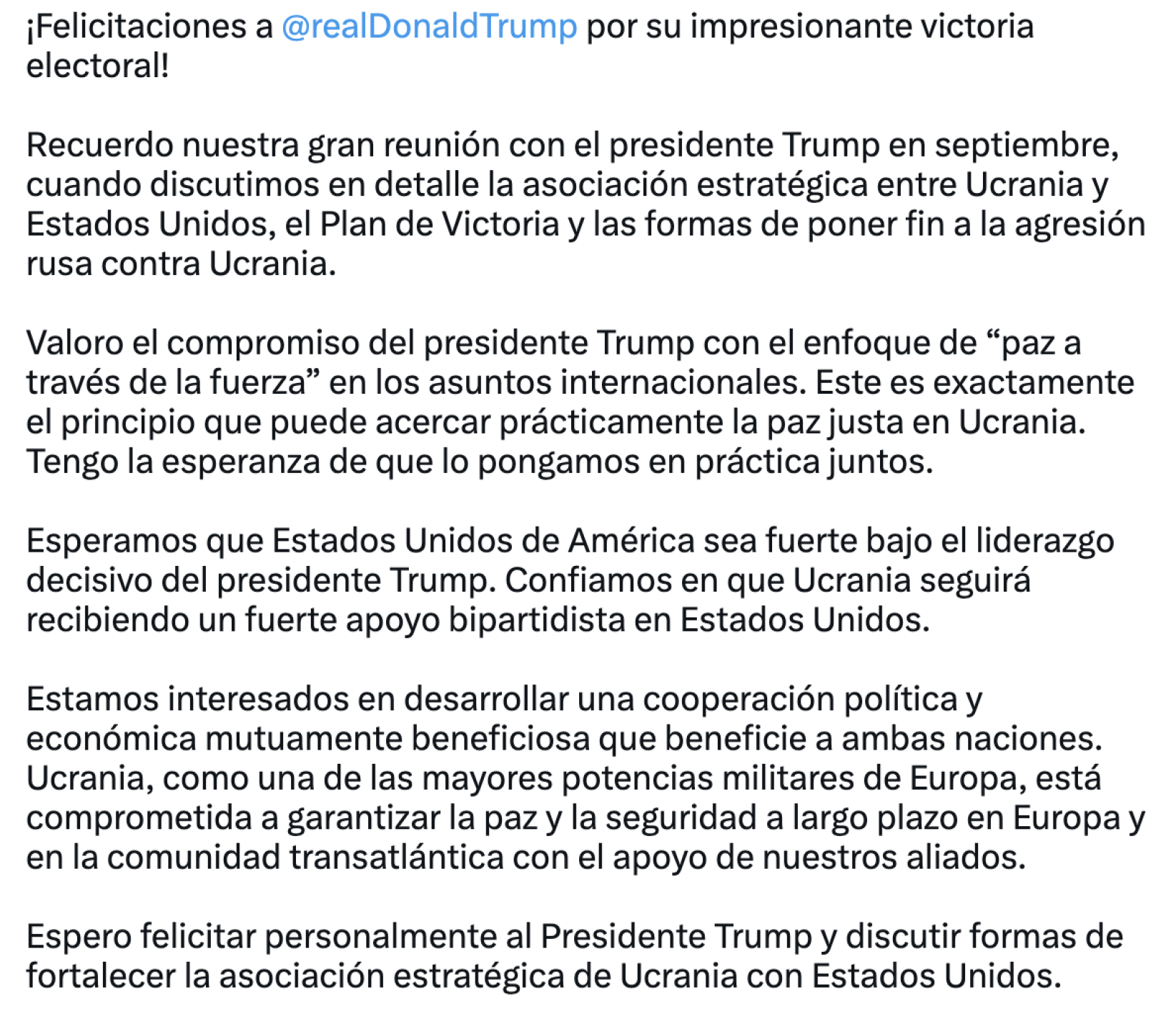 Volodimir Zelenski felicita a Donald Trump