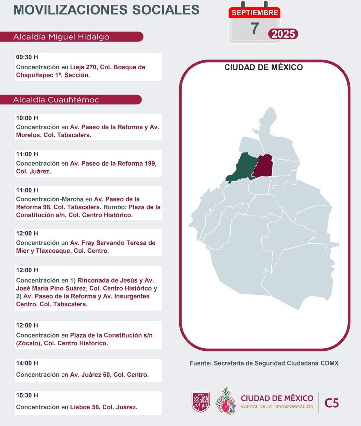 Mapa de marchas y manifestaciones en la CDMX hoy 7 de septiembre.jpg
