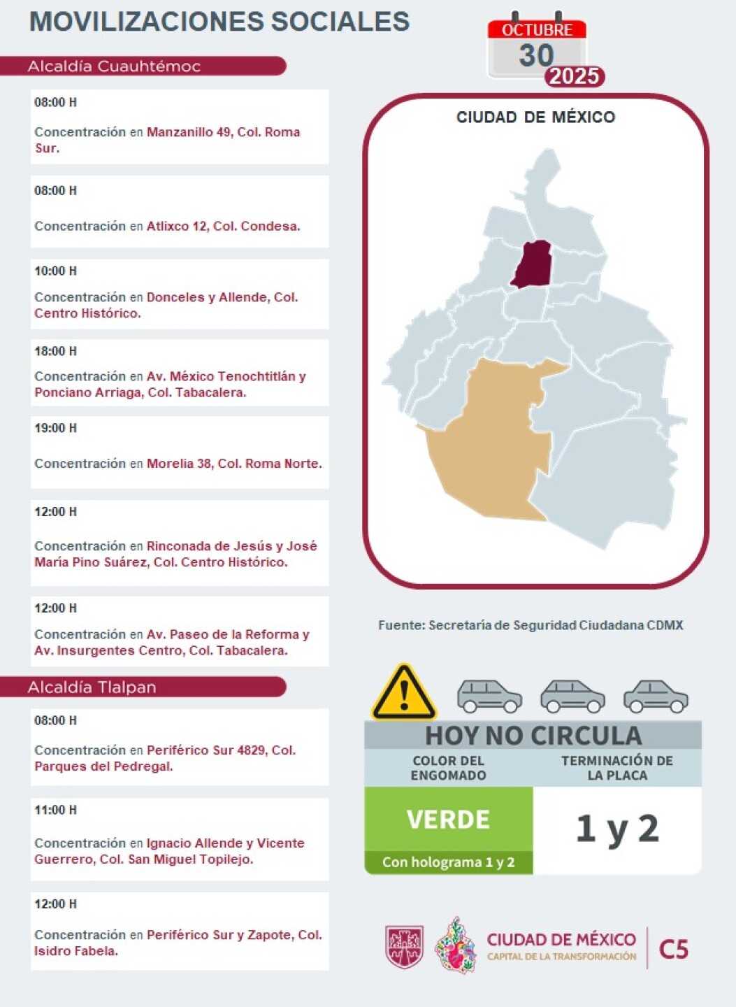 Mapa de marchas y manifestaciones en la CDMX hoy 30 de octubre.jpeg