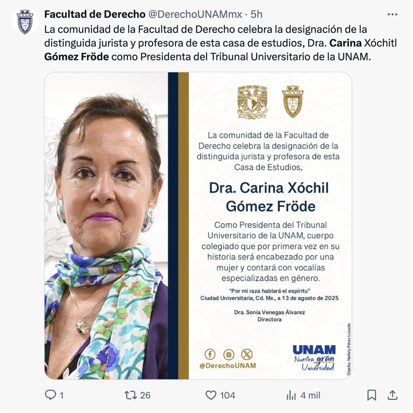 Facultad de Derecho da la bienvenida a Carina Xóchil Gómez Fröde