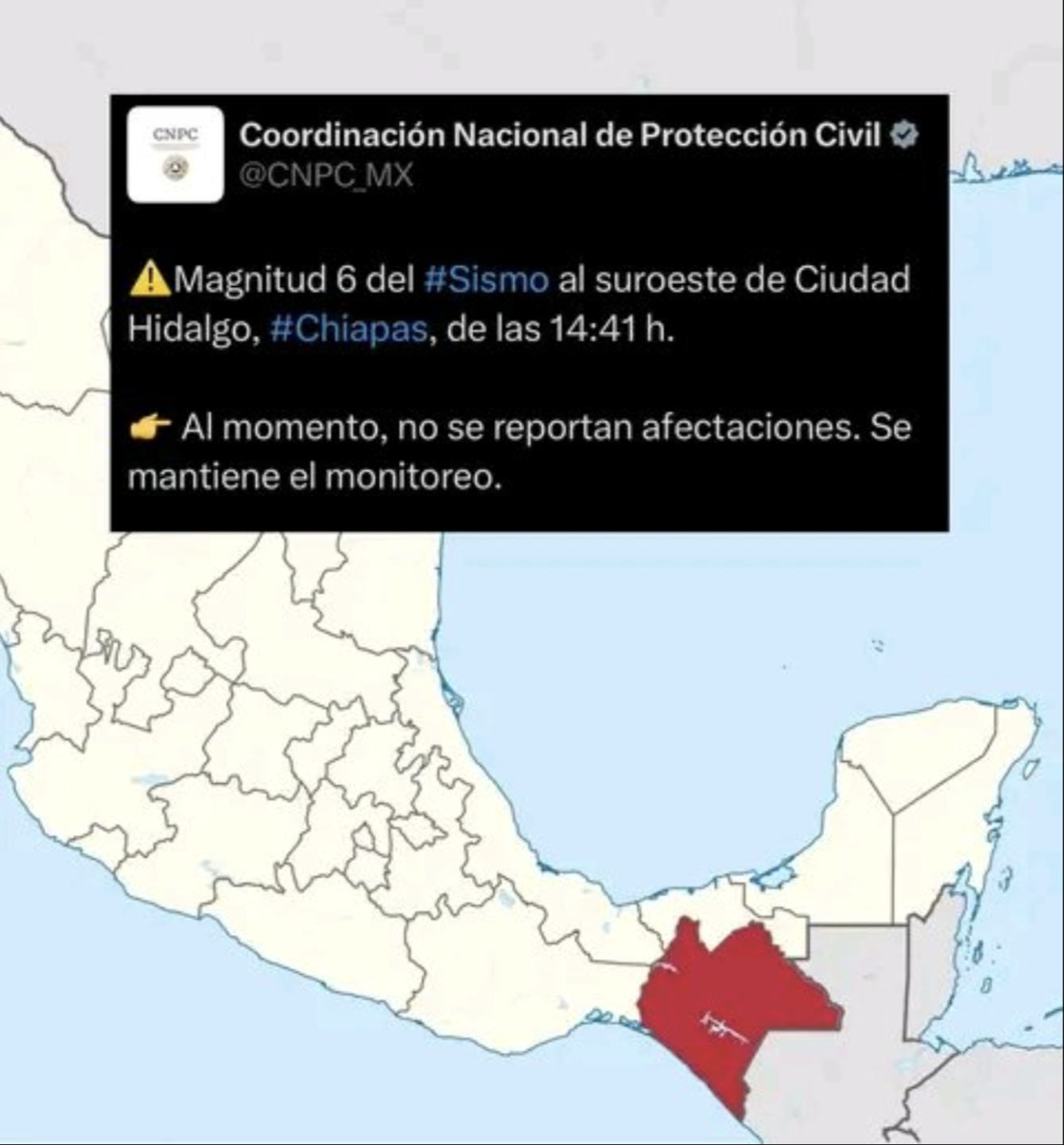 Primer reporte de las autoridades tras sismo en Ciudad Hidalgo, Chiapas