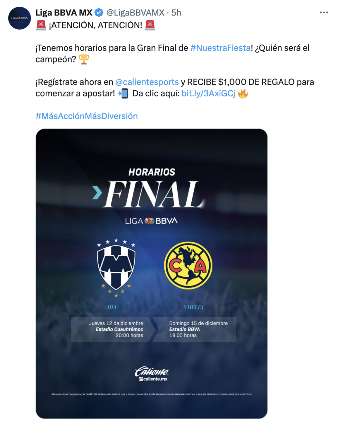 La Liga MX confirmó los horarios de la final Monterrey Vs América