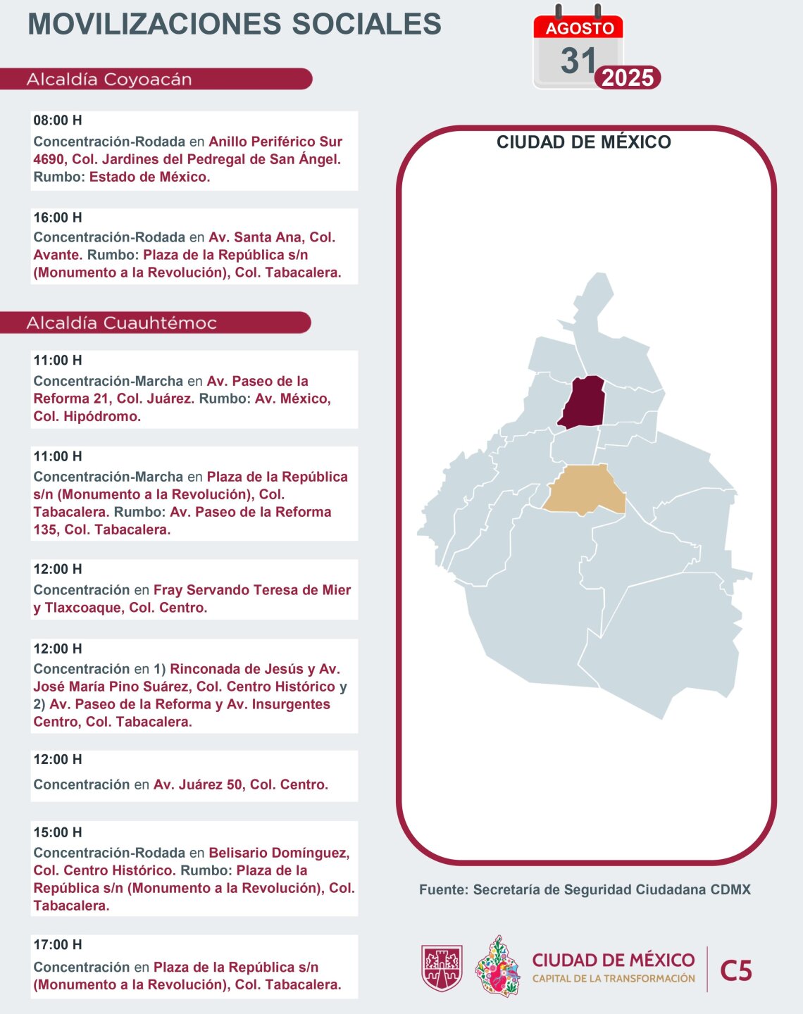 Mapa de marchas y manifestaciones en la CDMX hoy 31 de agosto.jpeg