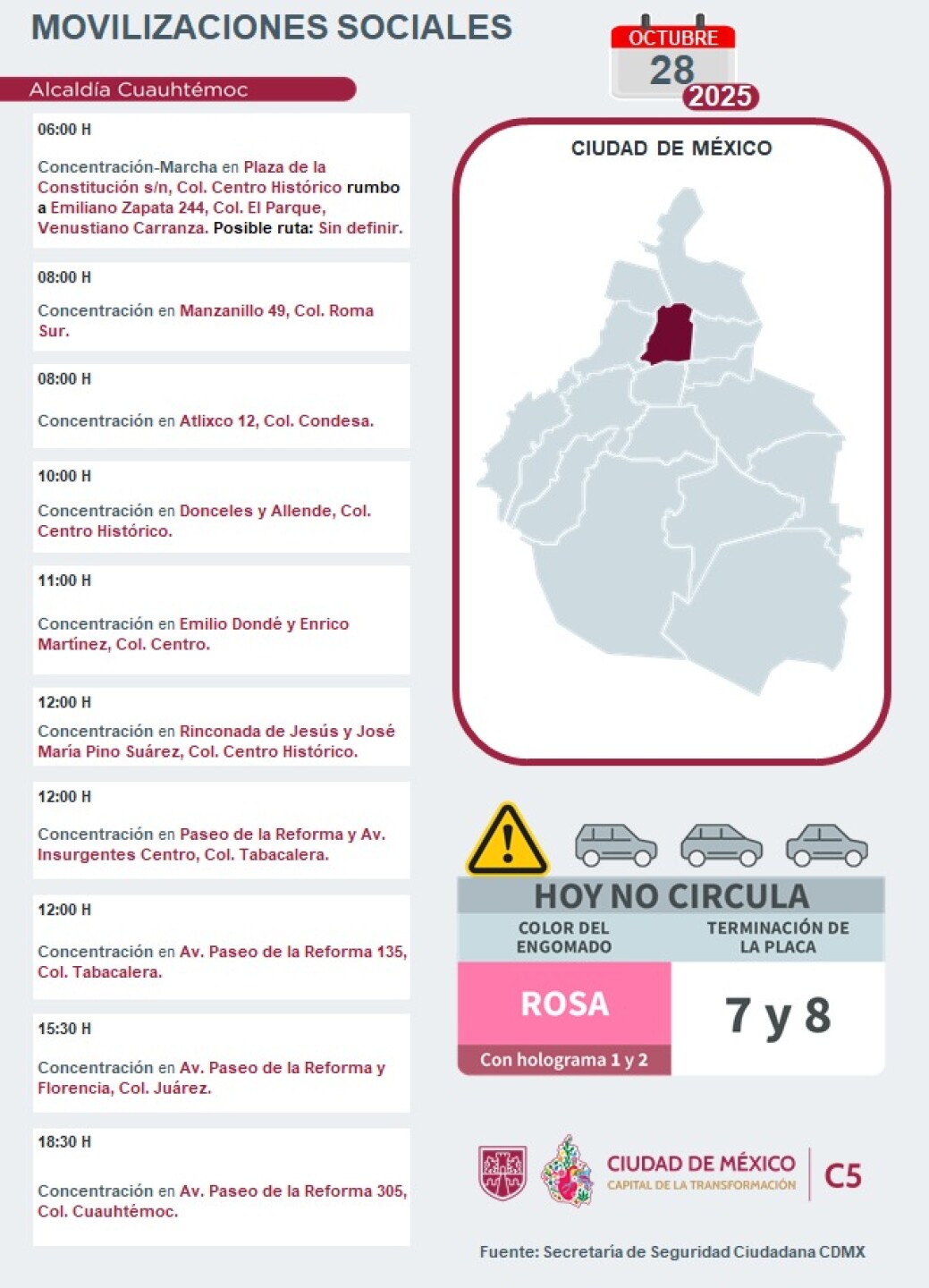 Mapa de marchas y manifestaciones en la CDMX hoy 28 de octubre.jpeg