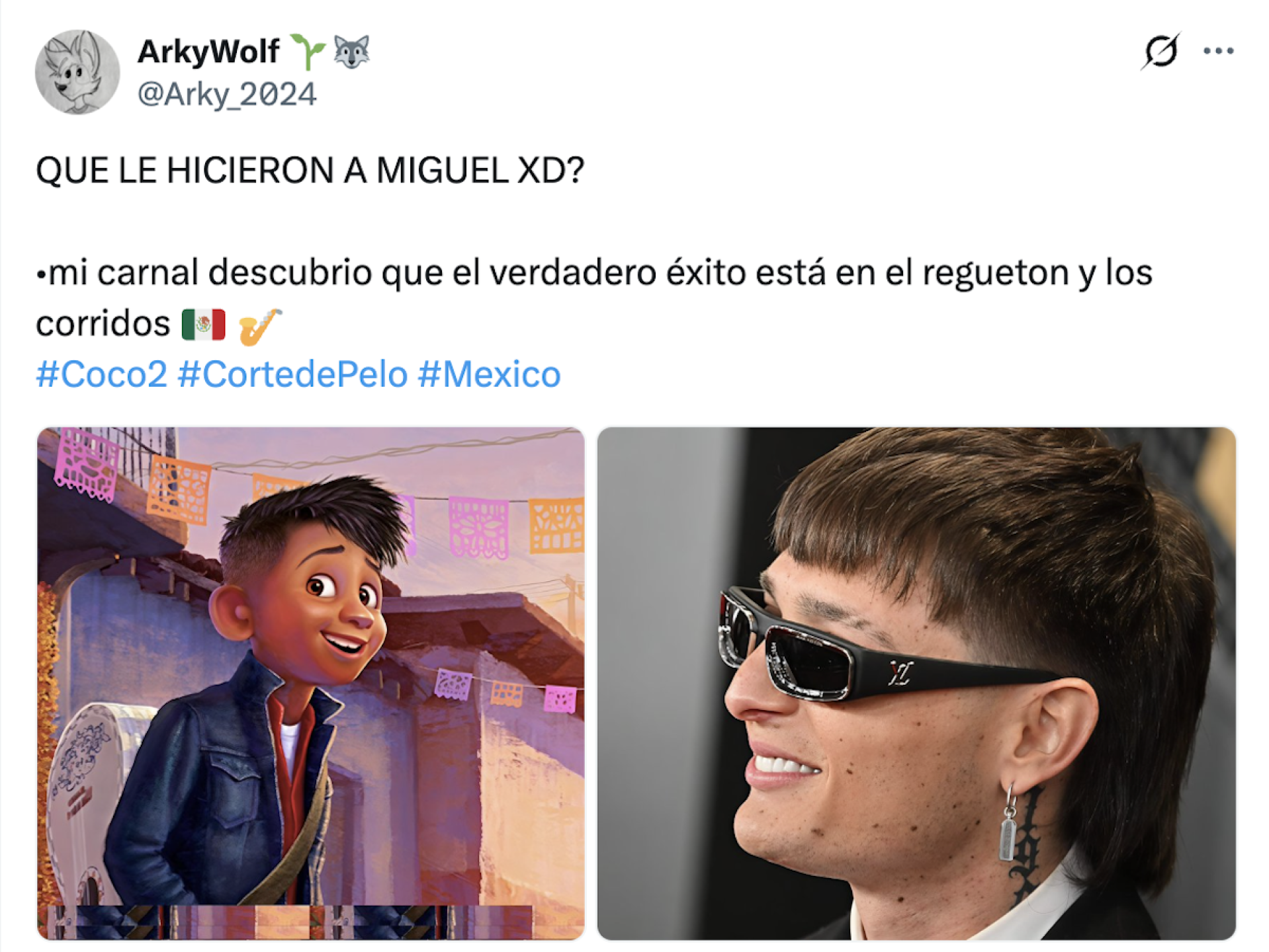 Miguel de Coco 2 con el look de Peso Pluma