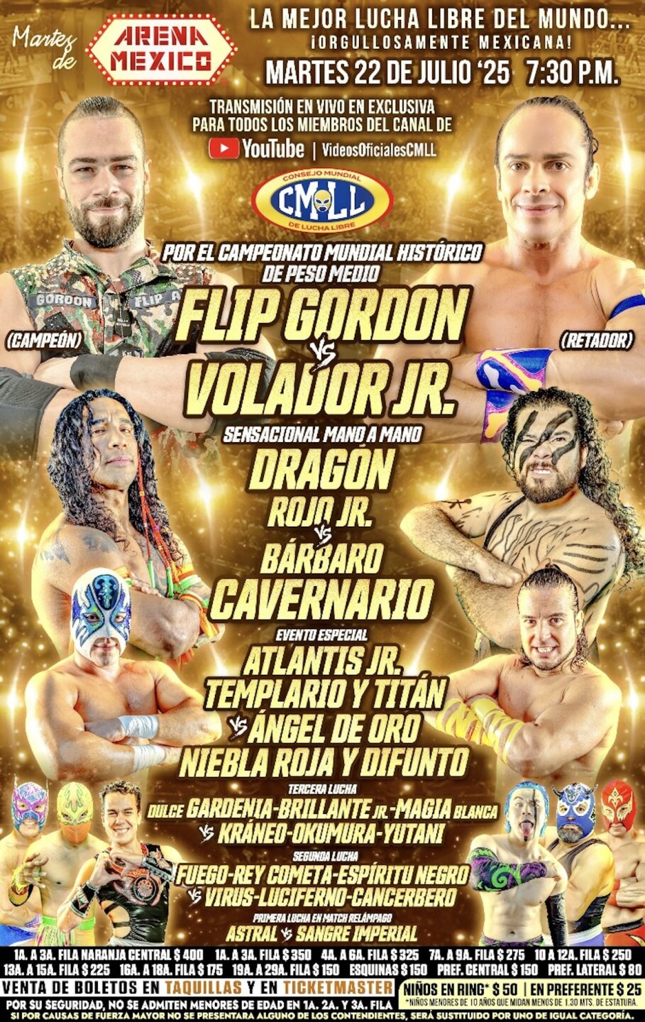 cartelera de luchas y precios de los boletos para la función del martes 22 de julio de 2025 del CMLL.jpg