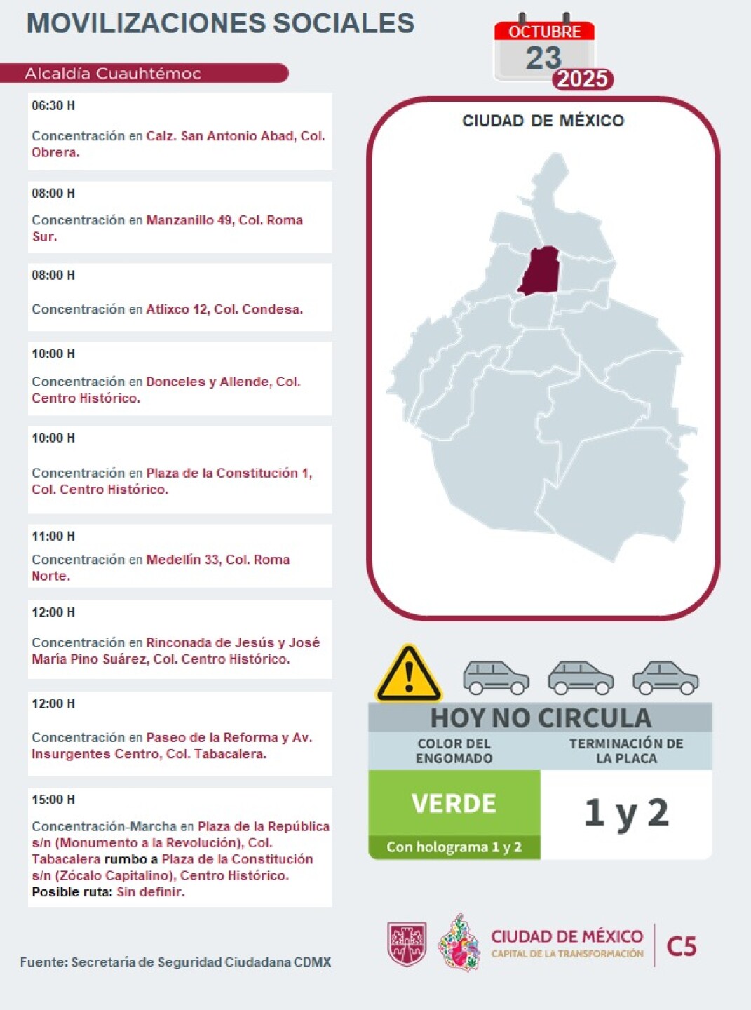 Mapa de marchas y manifestaciones en la CDMX hoy 23 de octubre.jpeg