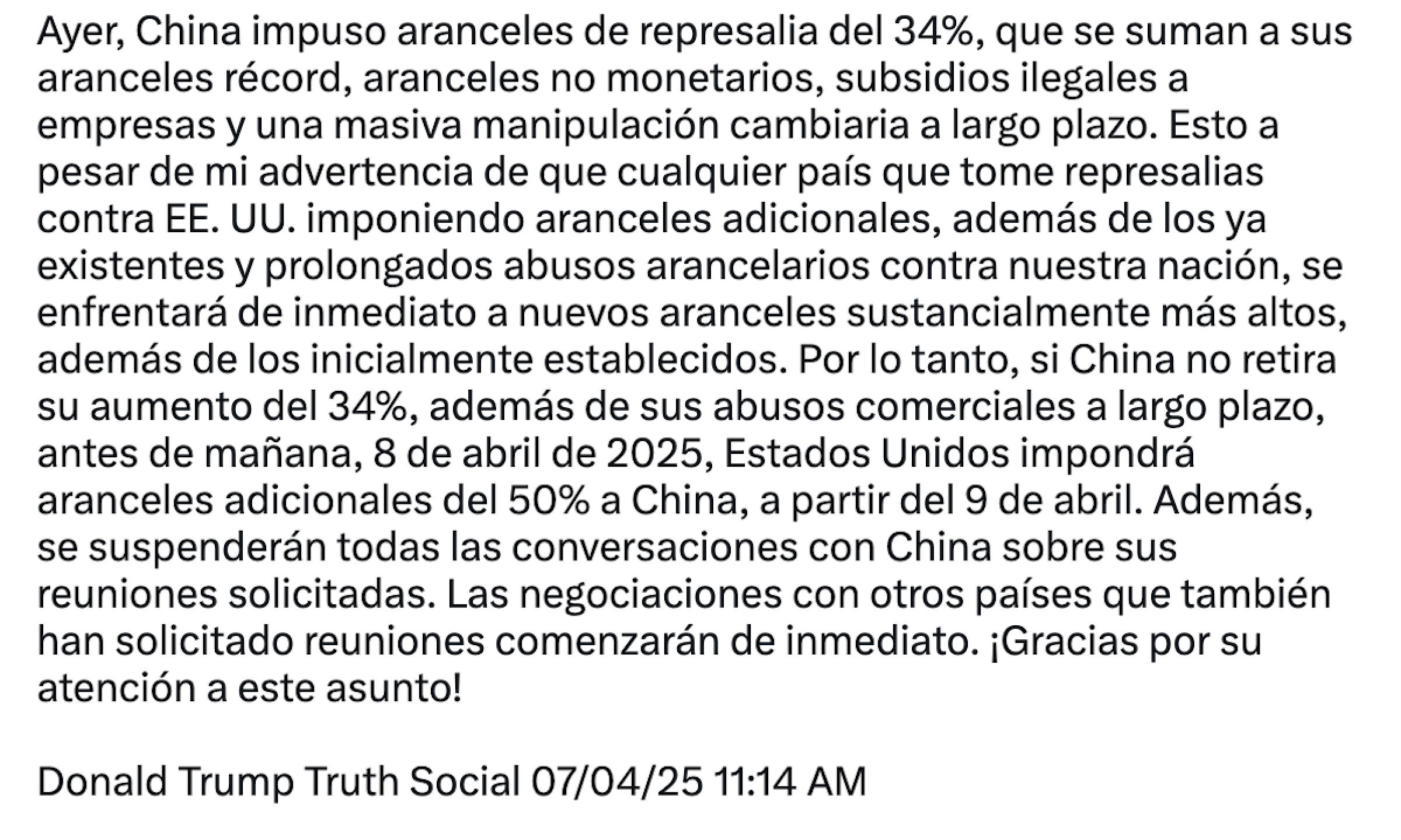 Mensaje de Donald Trump a China.