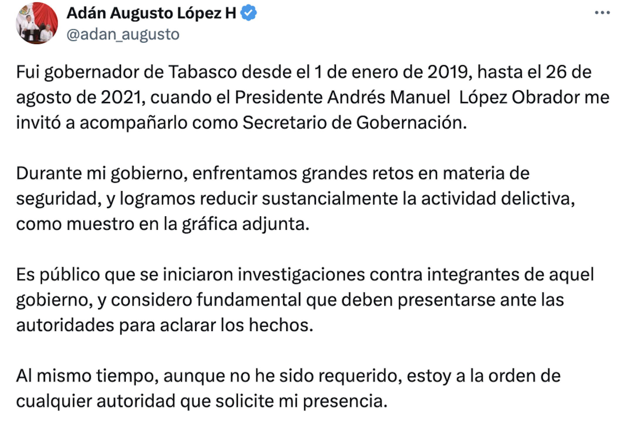 Mensaje de Adán Augusto López