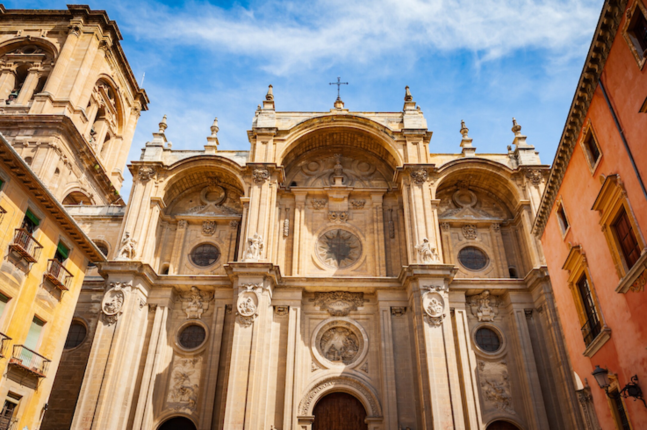 Gothic,Cathedral,Of,Incarnation,In,Granada.,Street,View,Of,An
