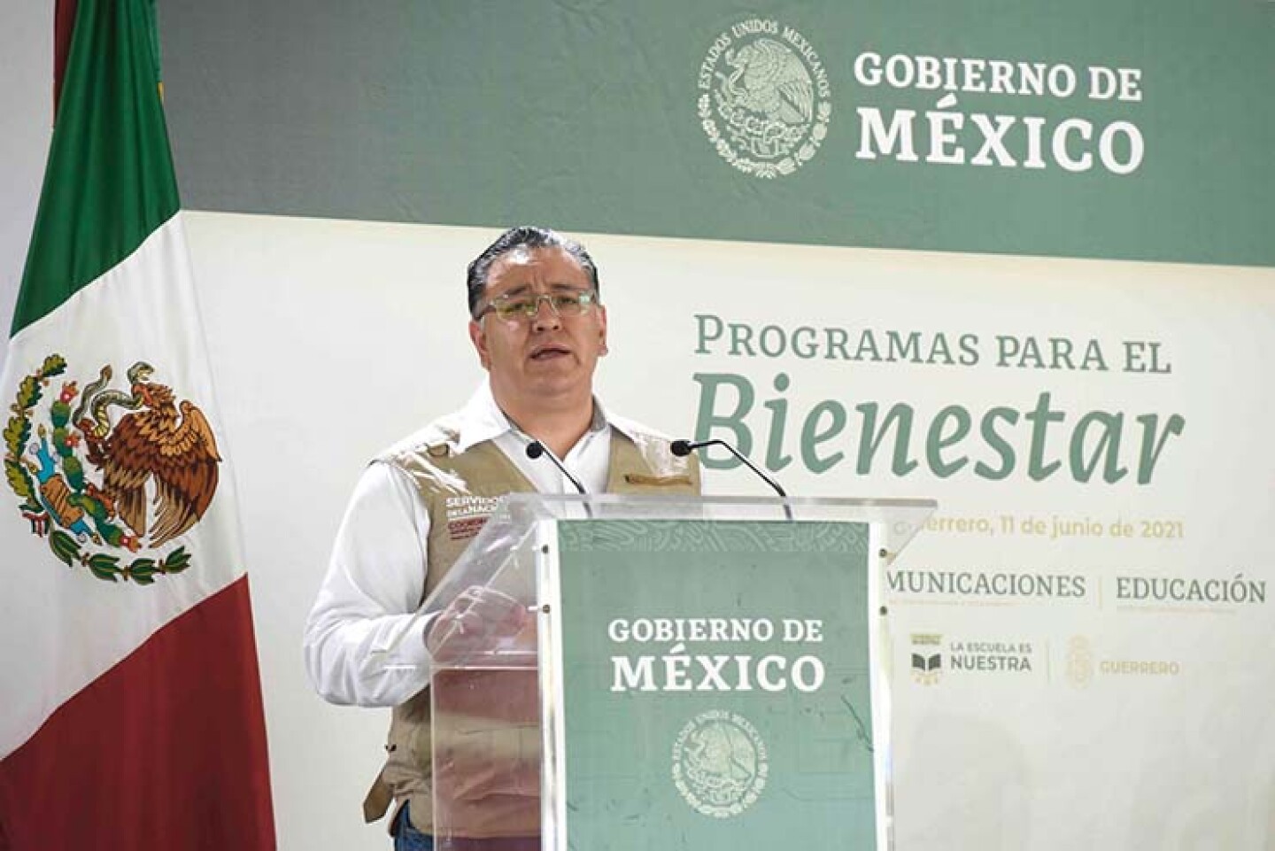 Gabriel García Hernández durante el evento presidido por el presidente Andrés Manuel López Obrador respectos a los Programas para el Bienestar en el Centro Recreativo Macroci de Florencio Villareal, Guerrero.