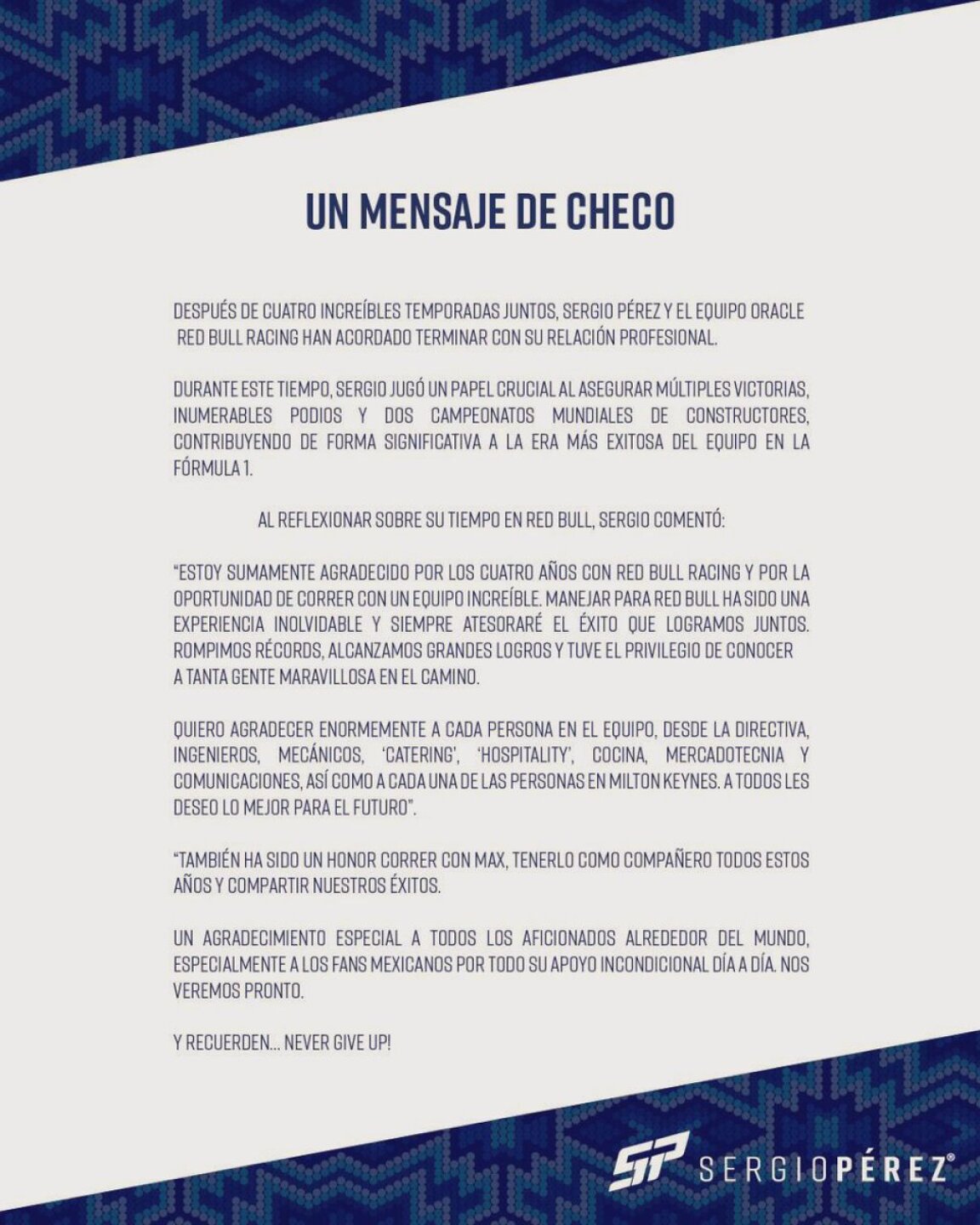 Comunicado de Checo Pérez