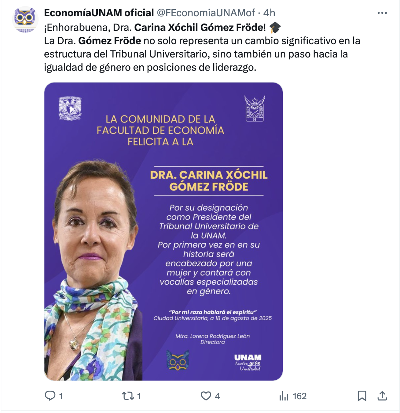 Carina Xóchil Gómez Fröde, nueva presidenta del Tribunal Universitario
