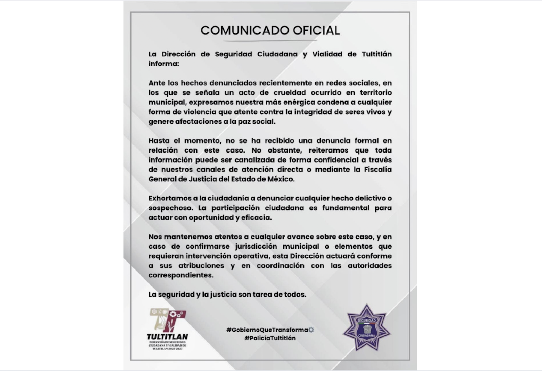 Comunicado del gobierno de Tultitlán sobre maltrato animal