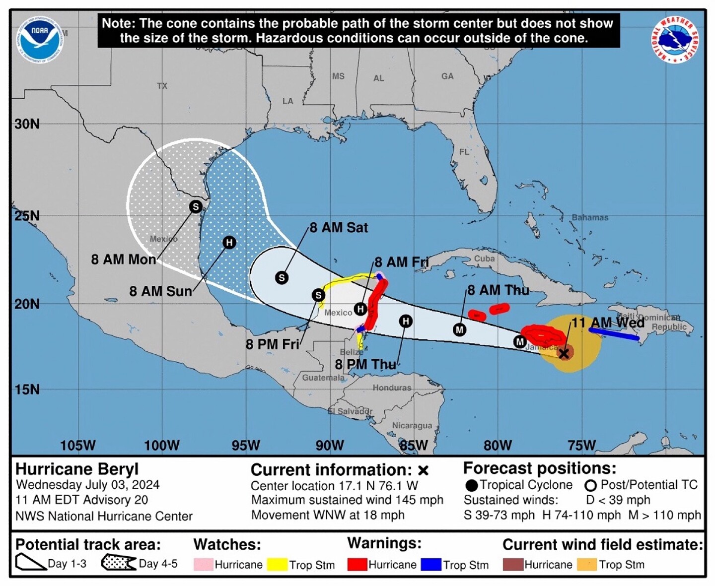 Pared del ojo de Beryl golpea la costa sur de Jamaica camino de las Islas Caimán y México