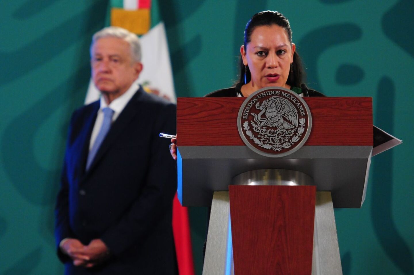 María Luisa Albores, secretaria de Medio Ambiente, durante su participación en la conferencia.