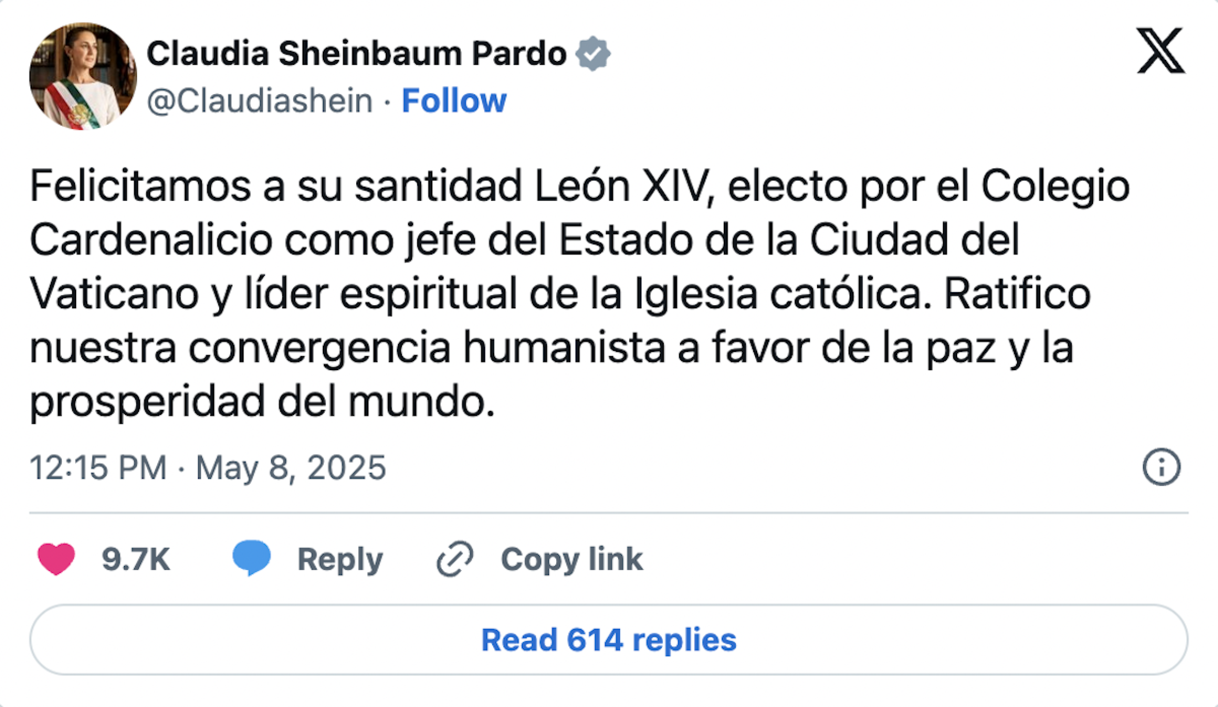Mensaje de la presidenta Claudia Sheinbaum tras la elección del papa León XIV