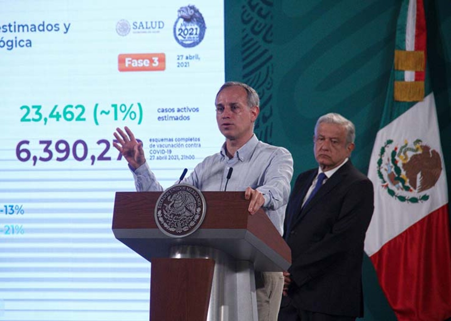 Andrés Manuel López Obrador, presidente de México acompañado de Hugo López-Gatell Ramírez, subsecretario de Prevención y Promoción de la Salud durante conferencia matutina en Palacio Nacional. Se enfocó en el tema de la vacunación.