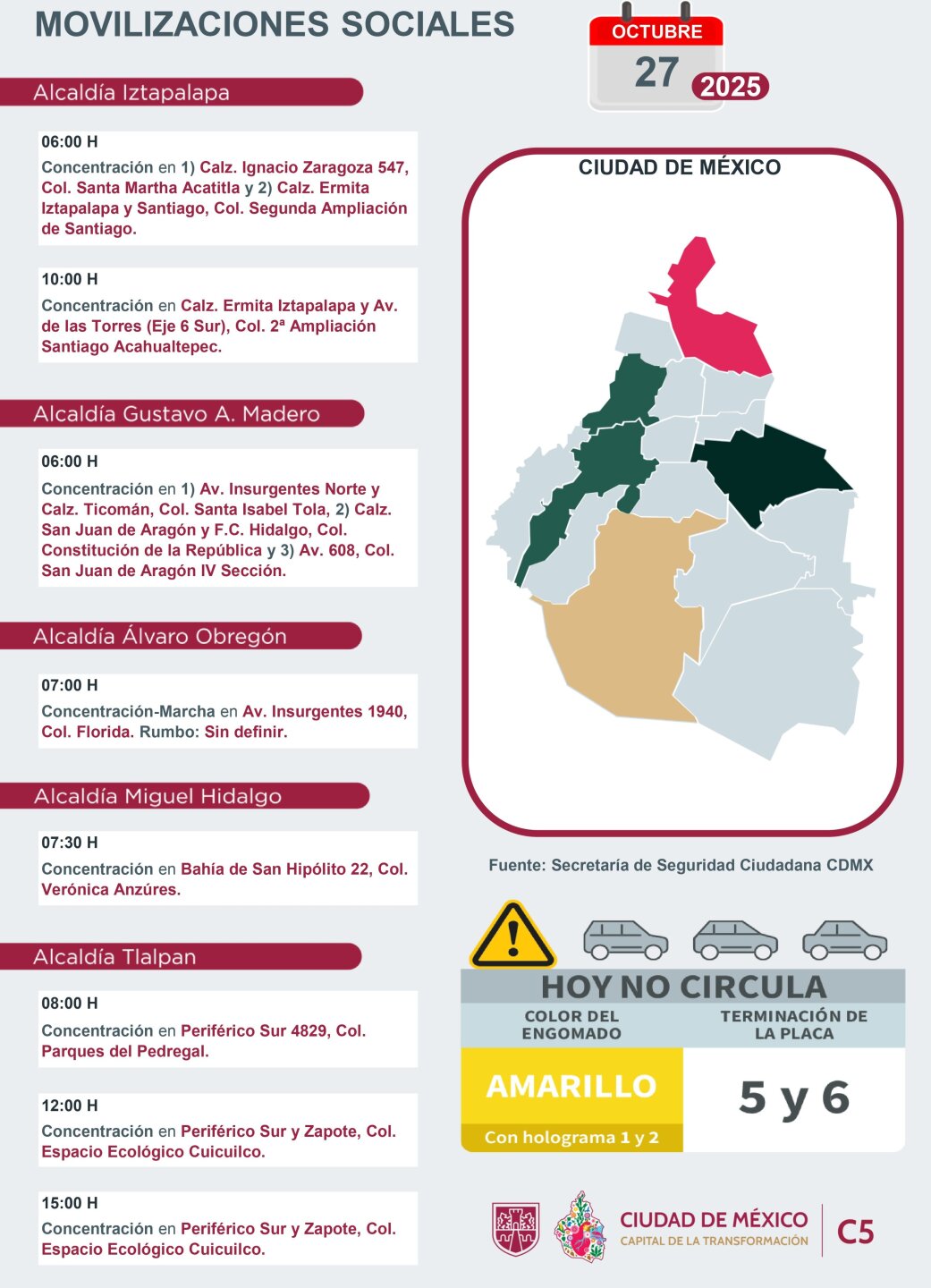 Mapa de marchas y manifestaciones en la CDMX hoy 27 de octubre